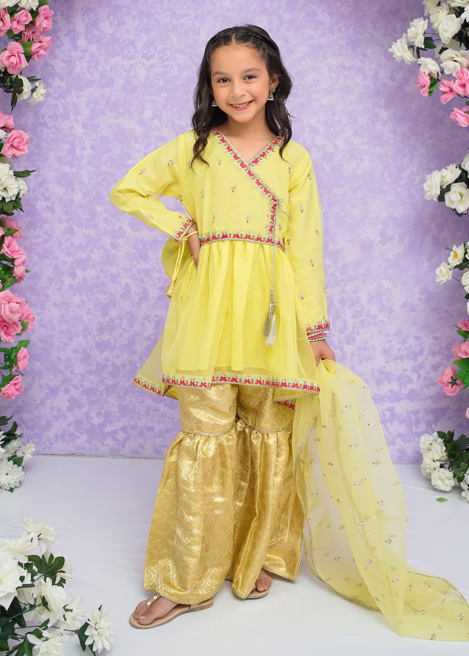 Kids Yellow Organza Suit with Jamawar Gharara