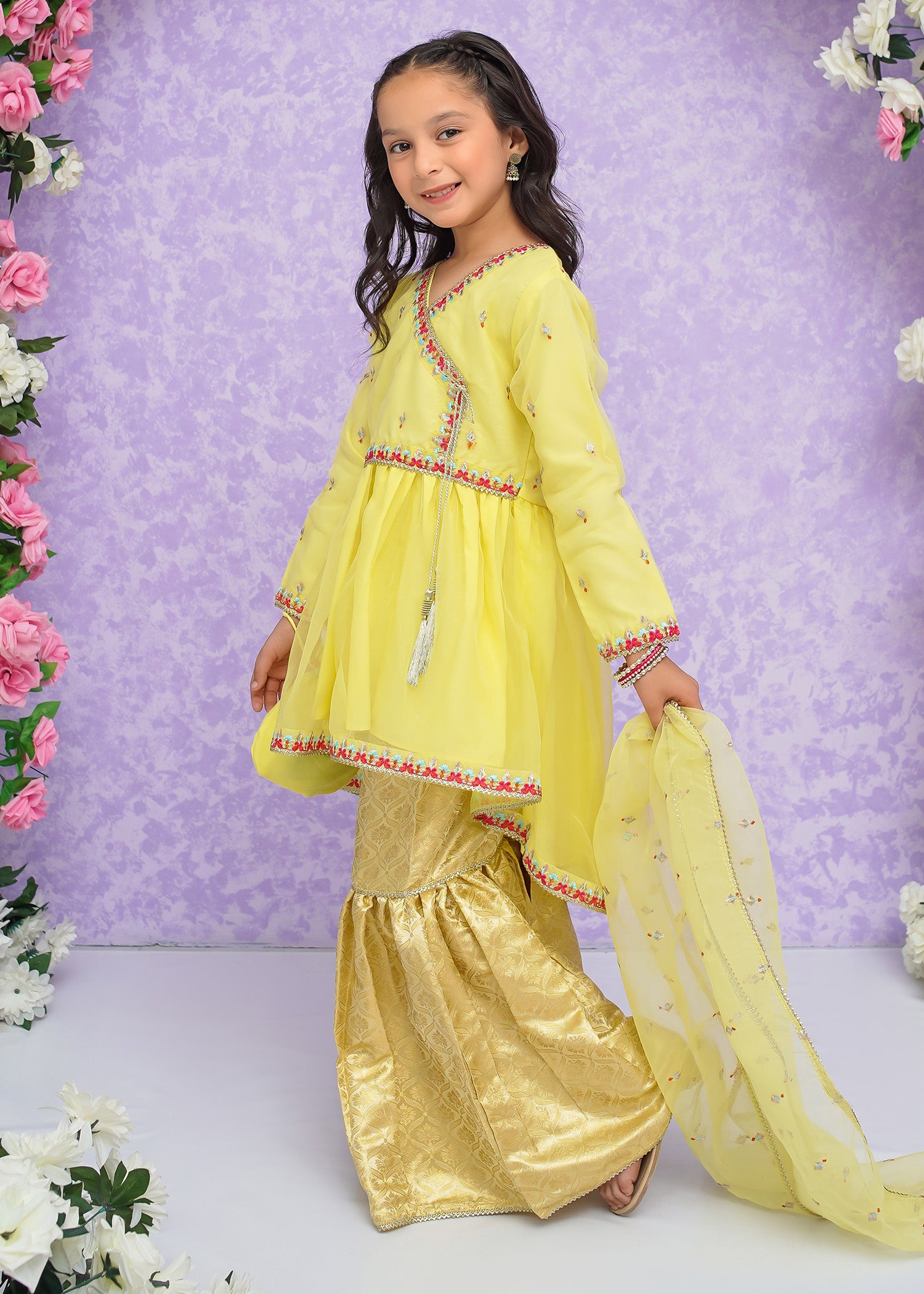 Kids Yellow Organza Suit with Jamawar Gharara