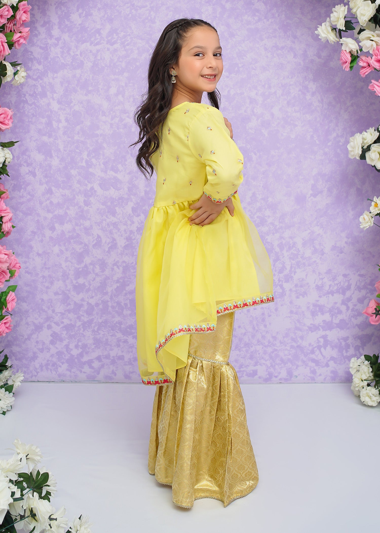 Kids Yellow Organza Suit with Jamawar Gharara