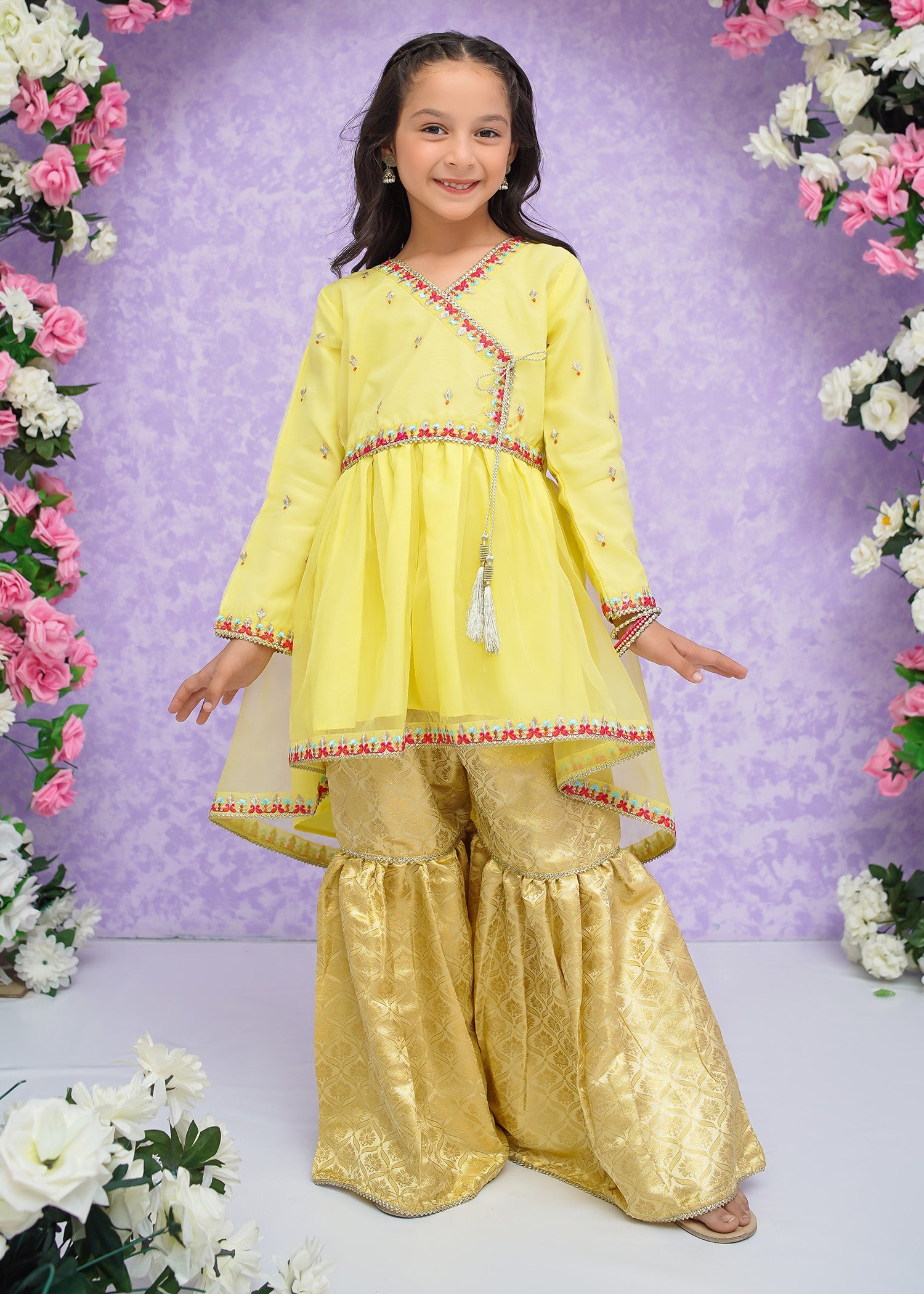 Kids Yellow Organza Suit with Jamawar Gharara