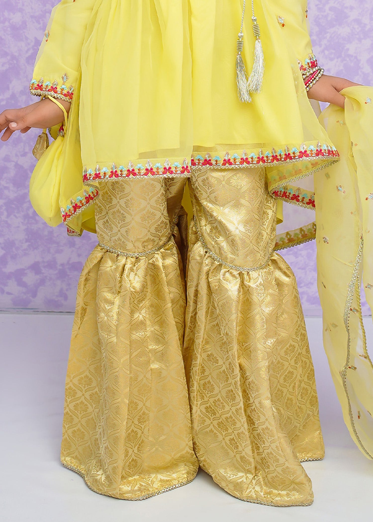 Kids Yellow Organza Suit with Jamawar Gharara