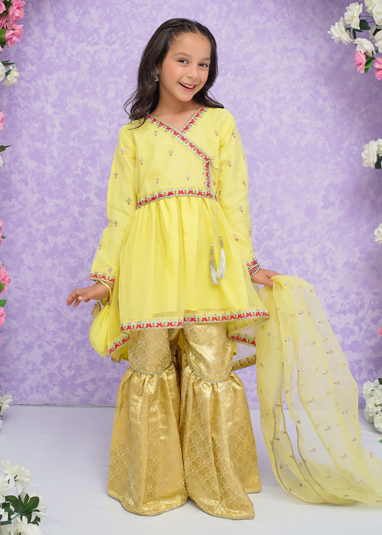 Kids Yellow Organza Suit with Jamawar Gharara