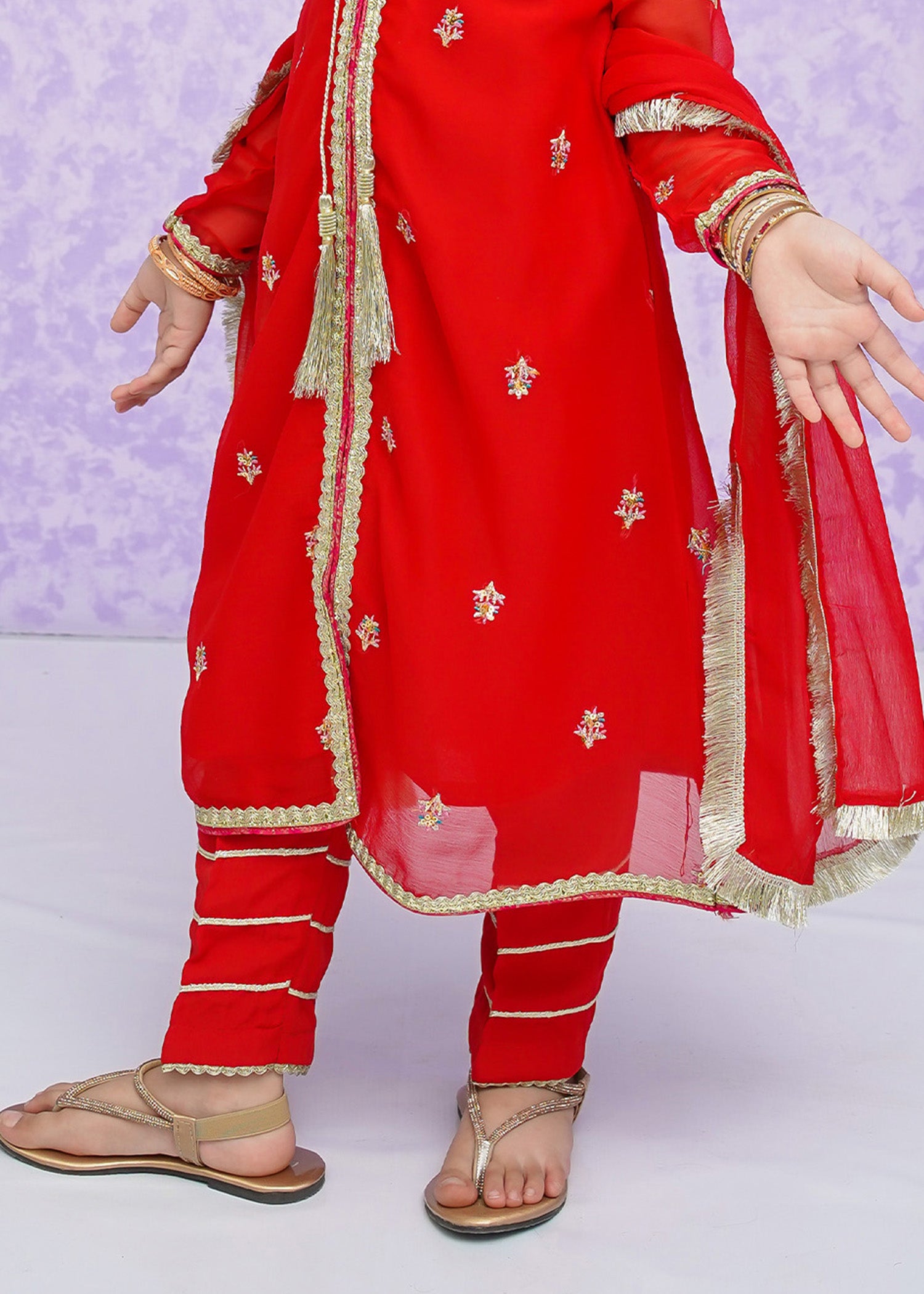 Kids Red Embroidered Chiffon Suit