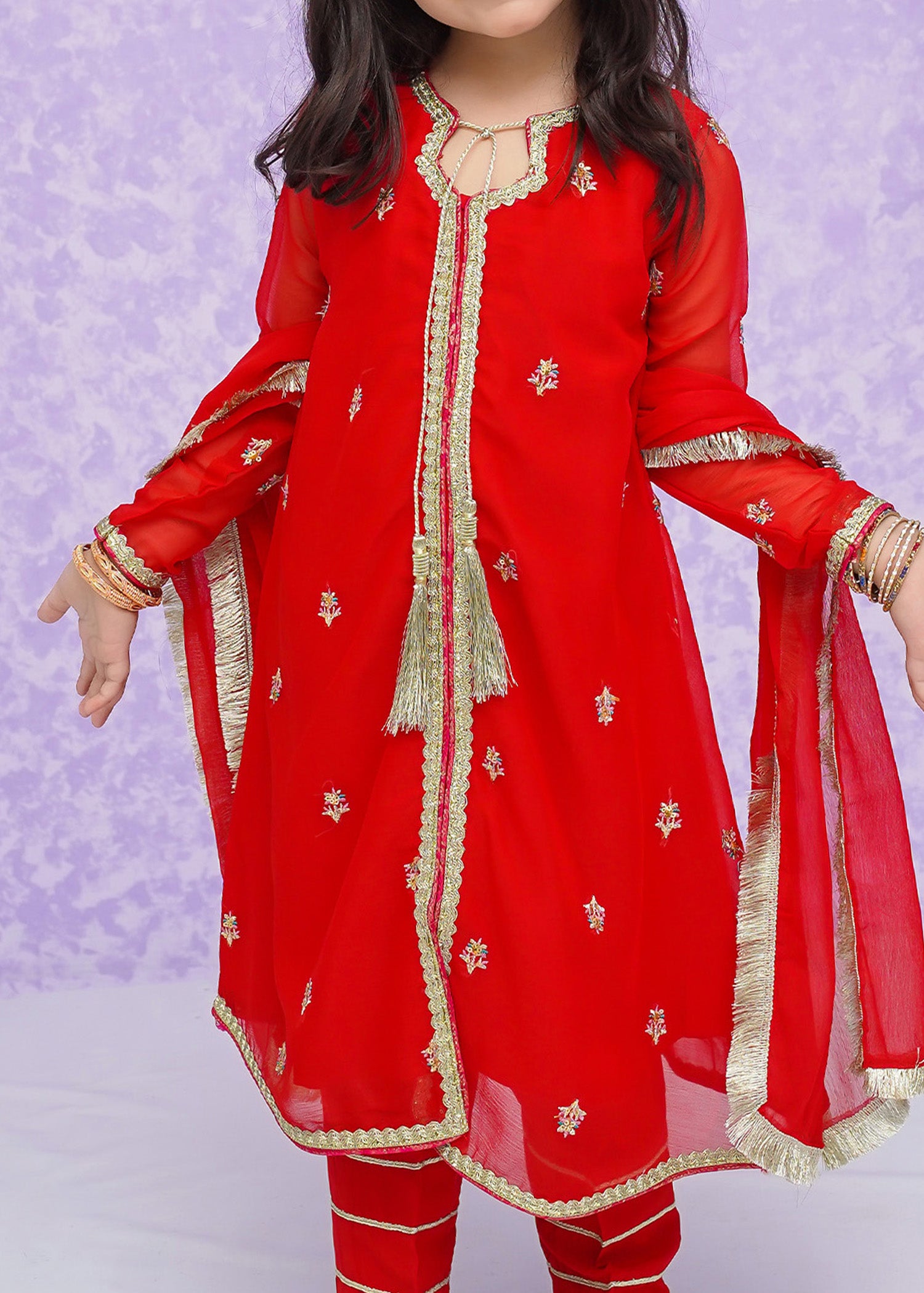 Kids Red Embroidered Chiffon Suit