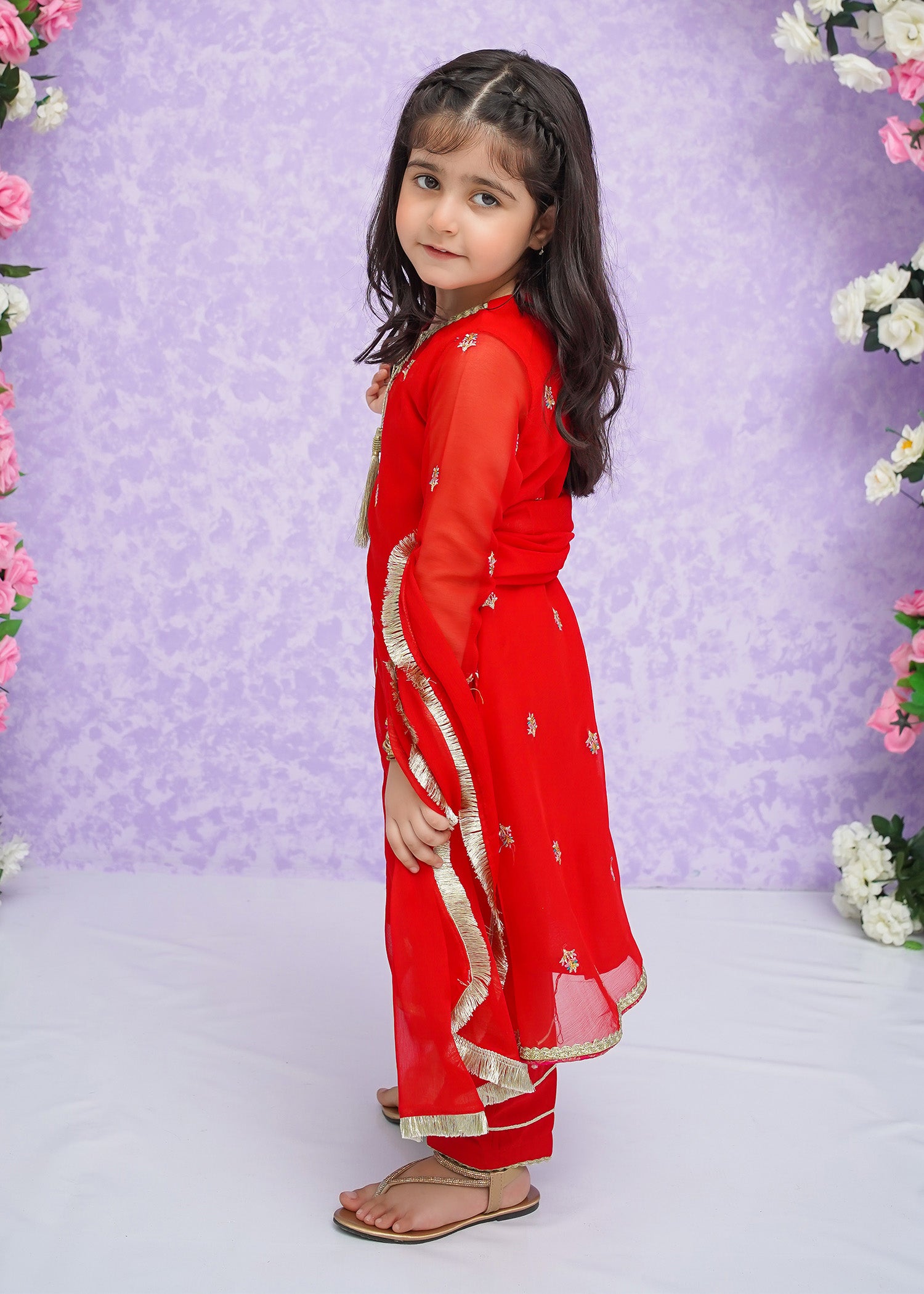 Kids Red Embroidered Chiffon Suit