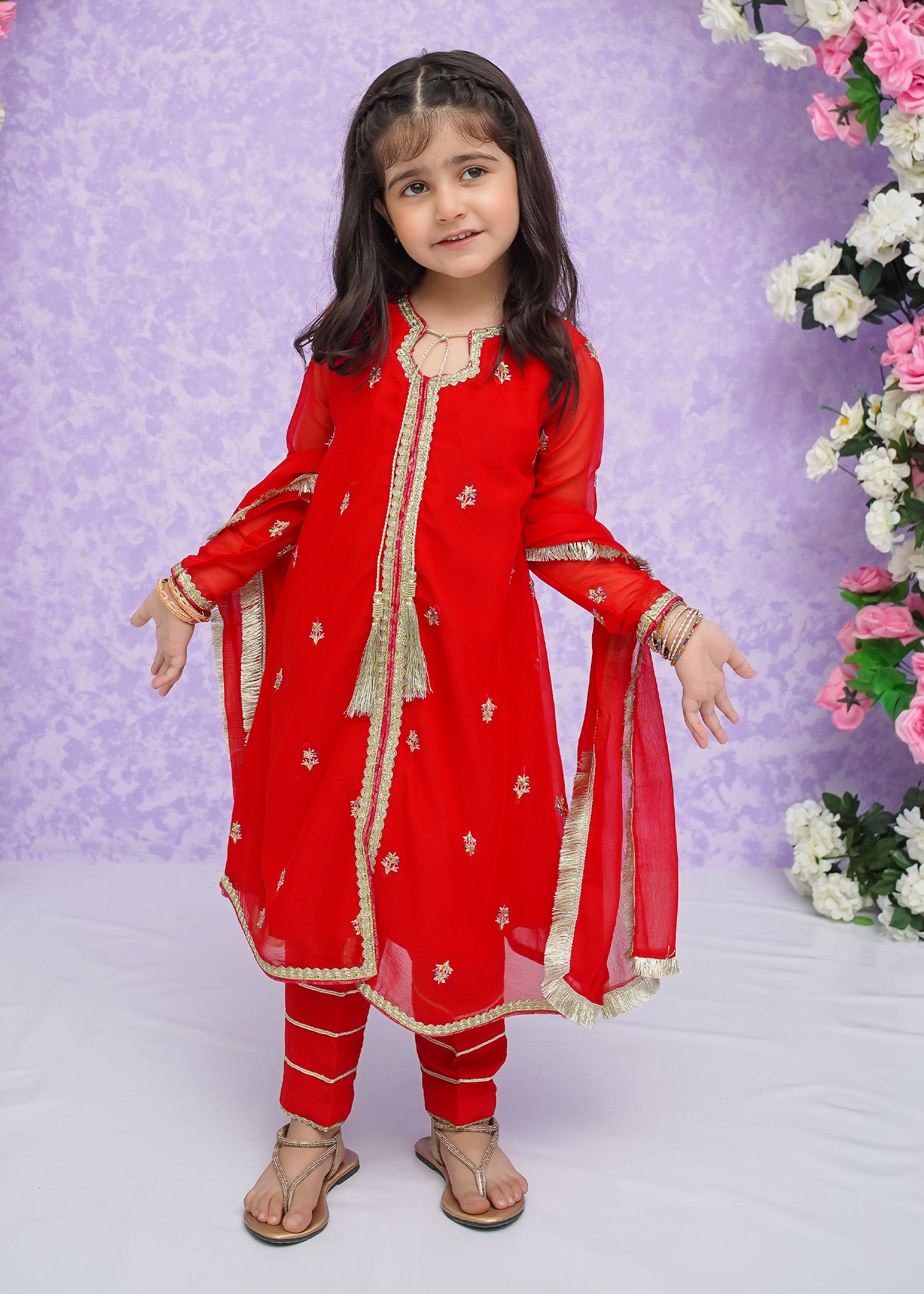 Kids Red Embroidered Chiffon Suit