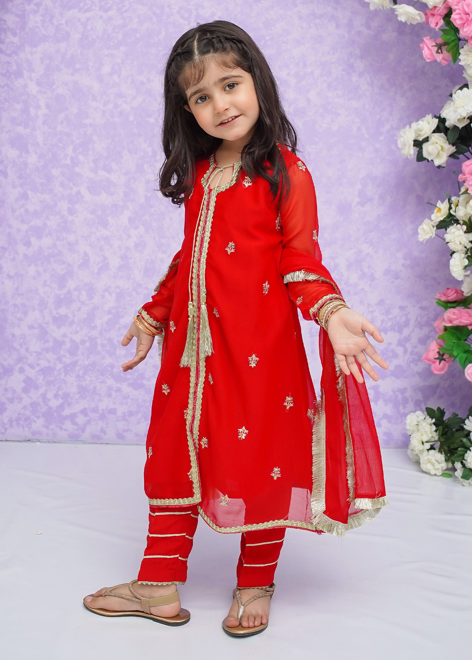 Kids Red Embroidered Chiffon Suit