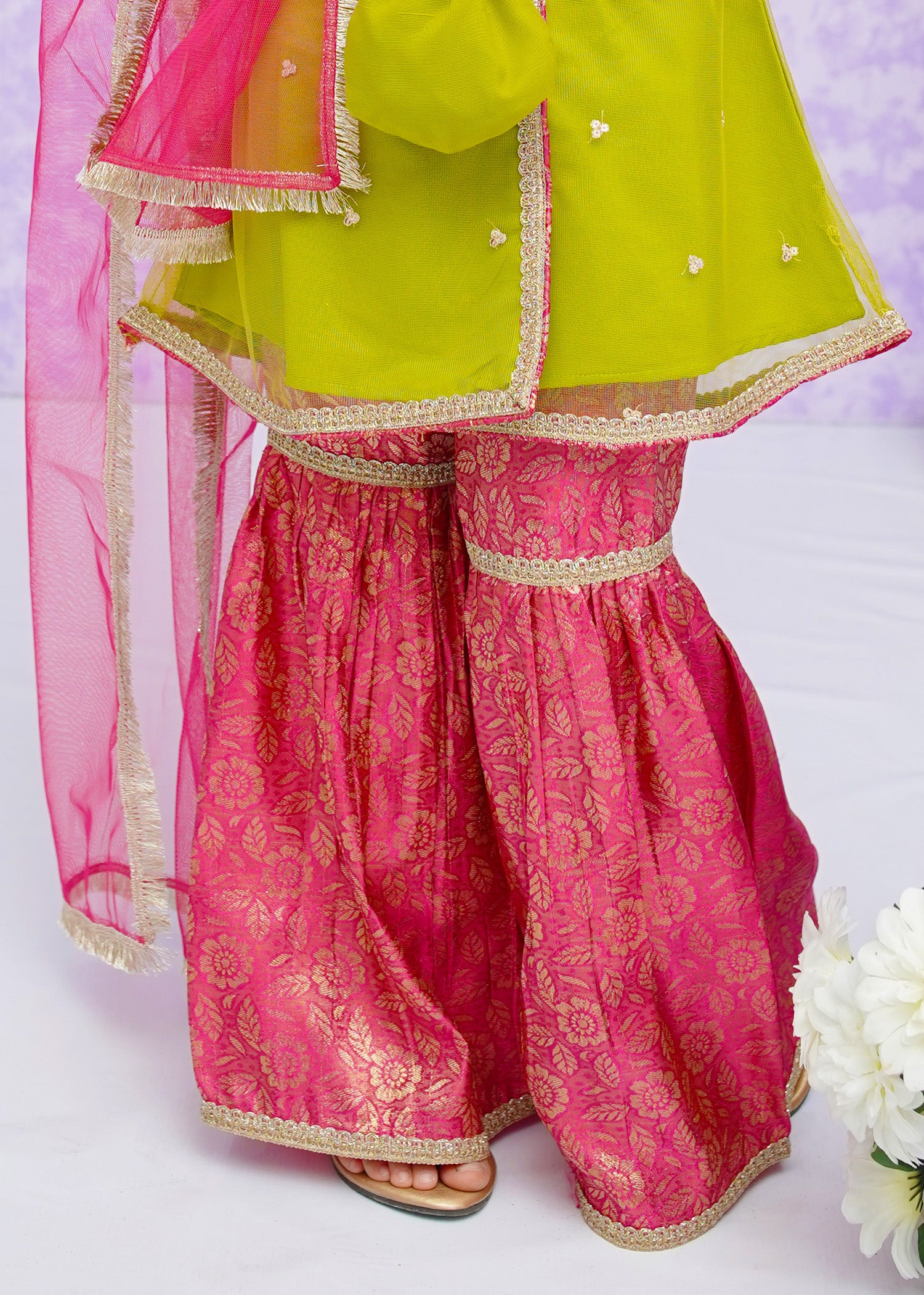 Kids Lime Green Net Suit with Gharara