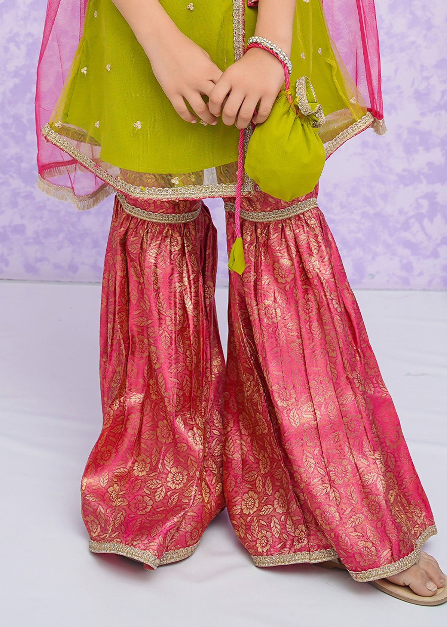 Kids Lime Green Net Suit with Gharara