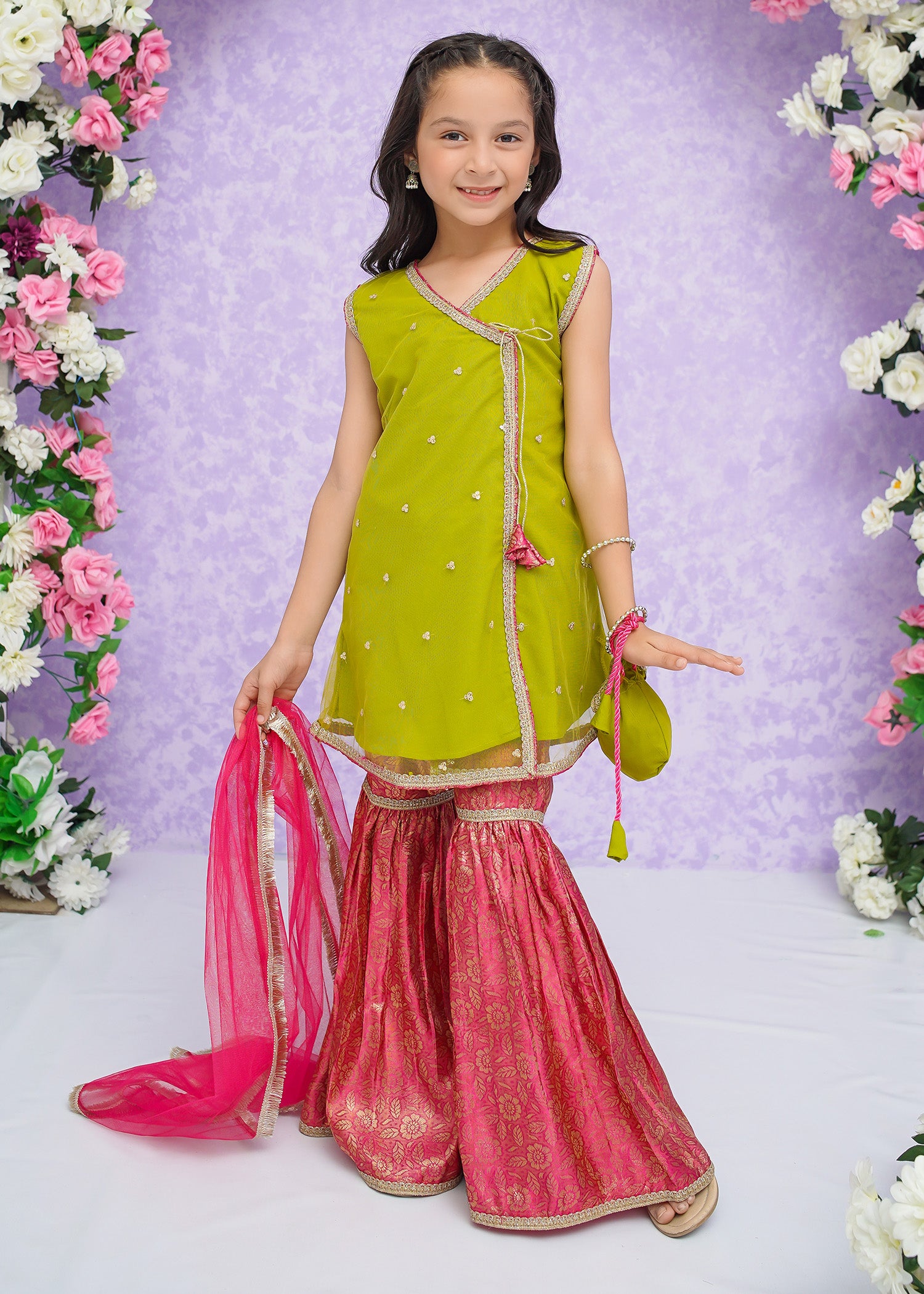 Kids Lime Green Net Suit with Gharara