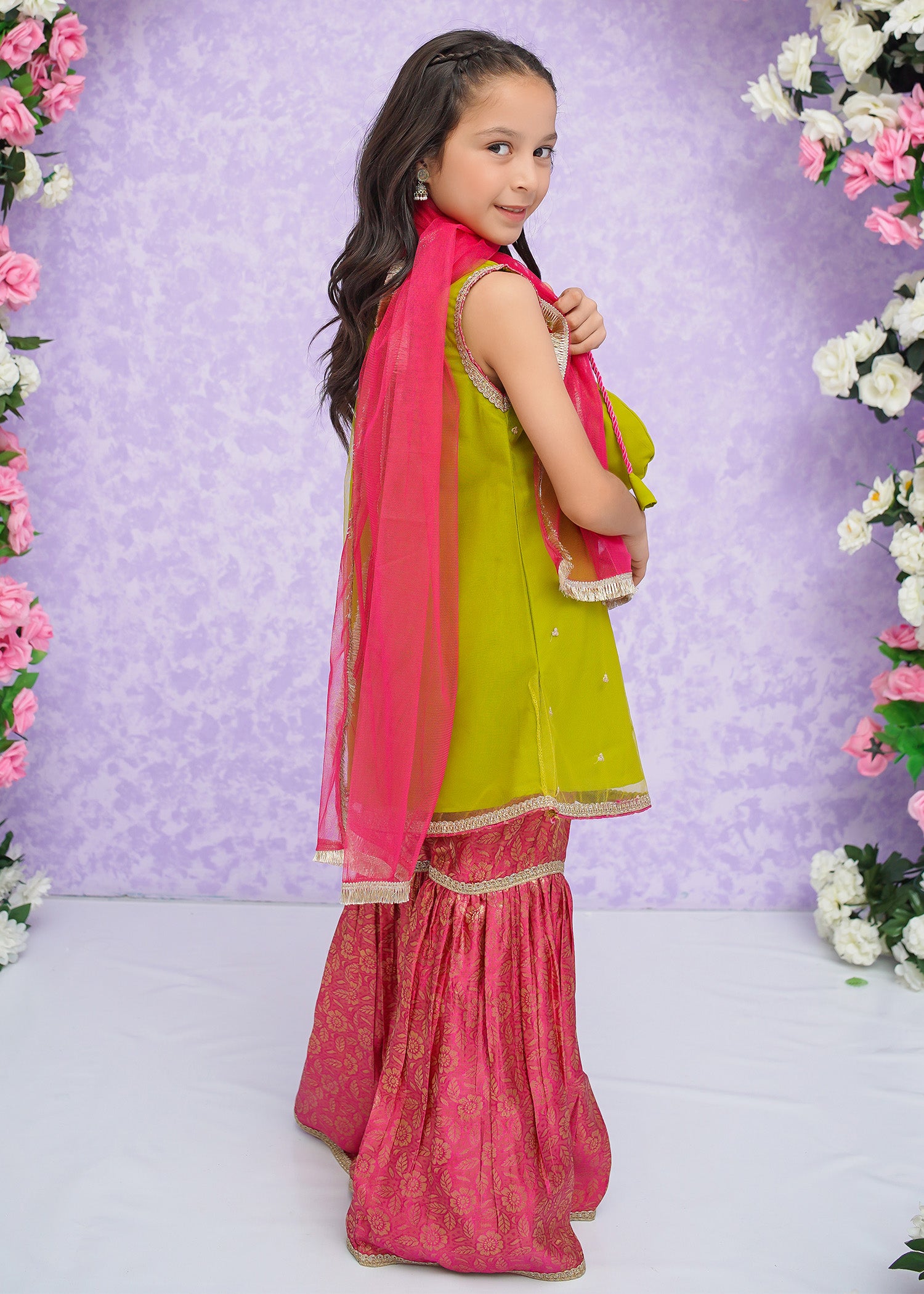 Kids Lime Green Net Suit with Gharara