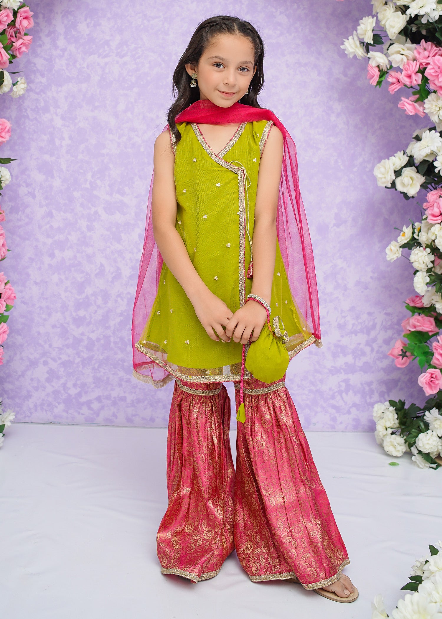 Kids Lime Green Net Suit with Gharara