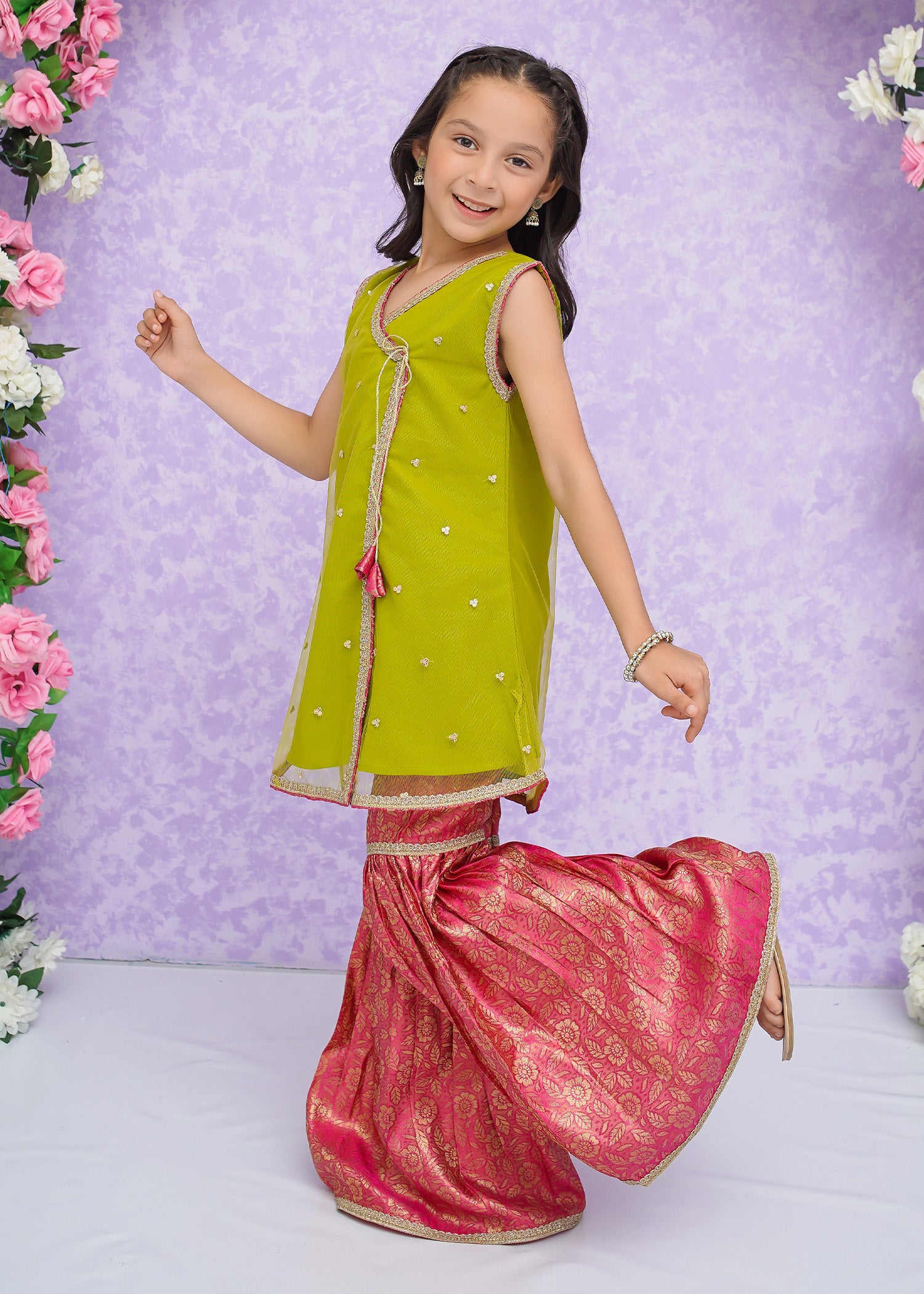 Kids Lime Green Net Suit with Gharara