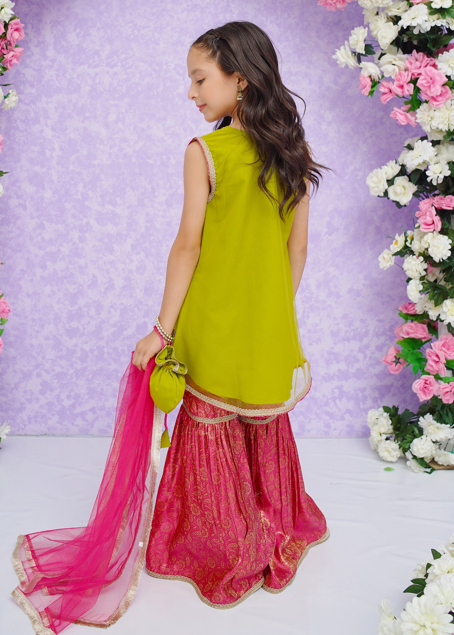 Kids Lime Green Net Suit with Gharara