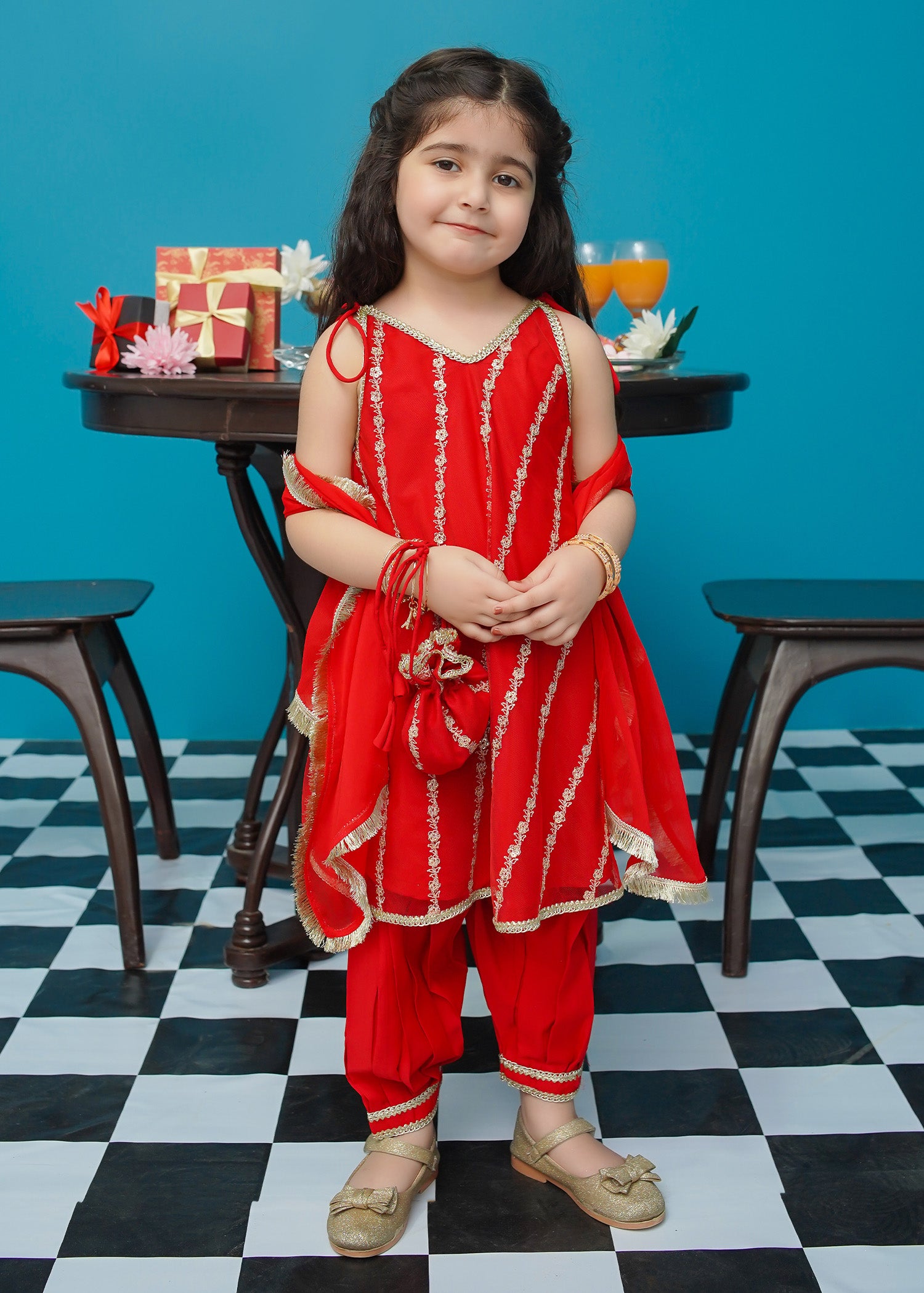 Kids Red Embroidered Net Frock Suit