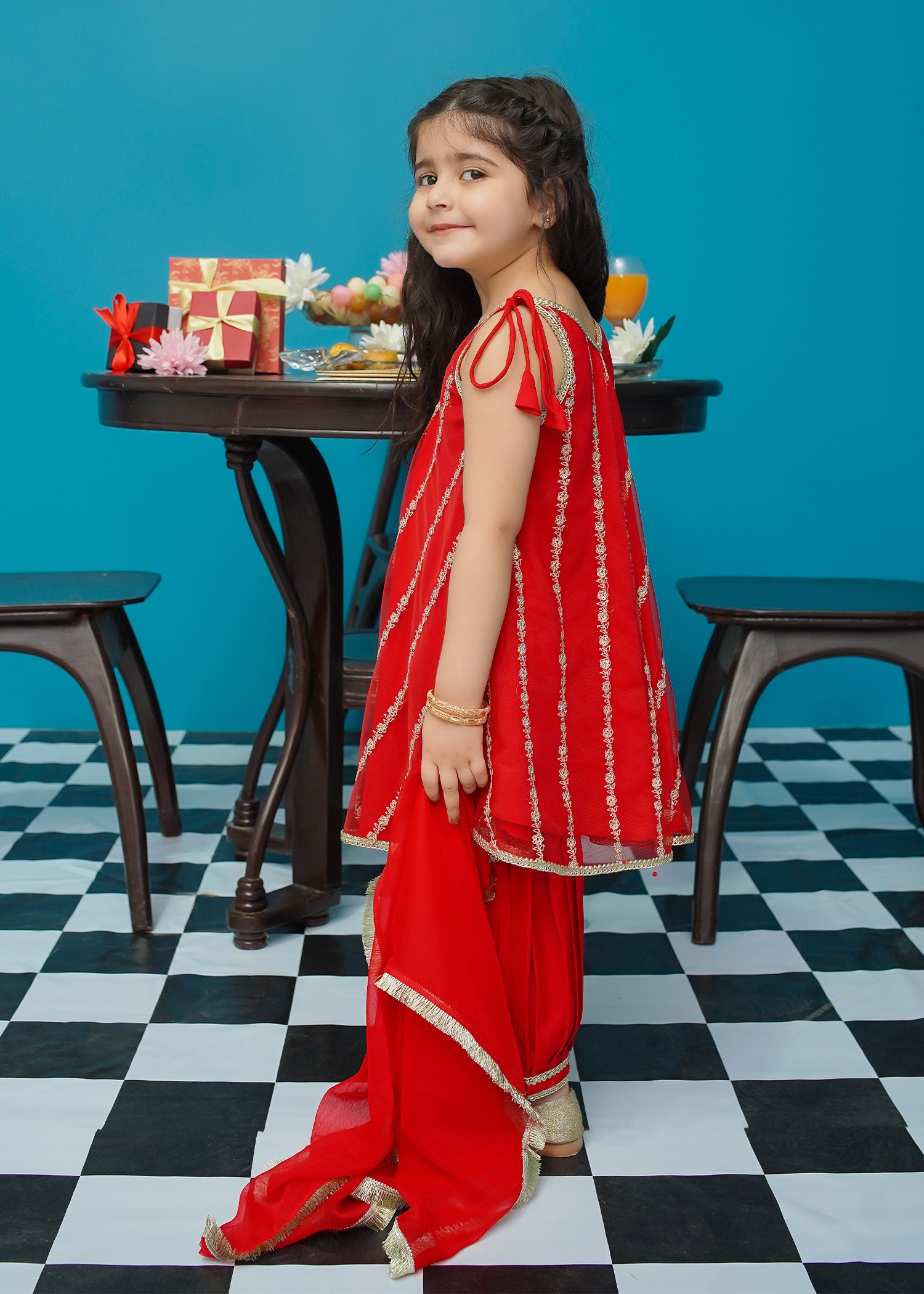 Kids Red Embroidered Net Frock Suit