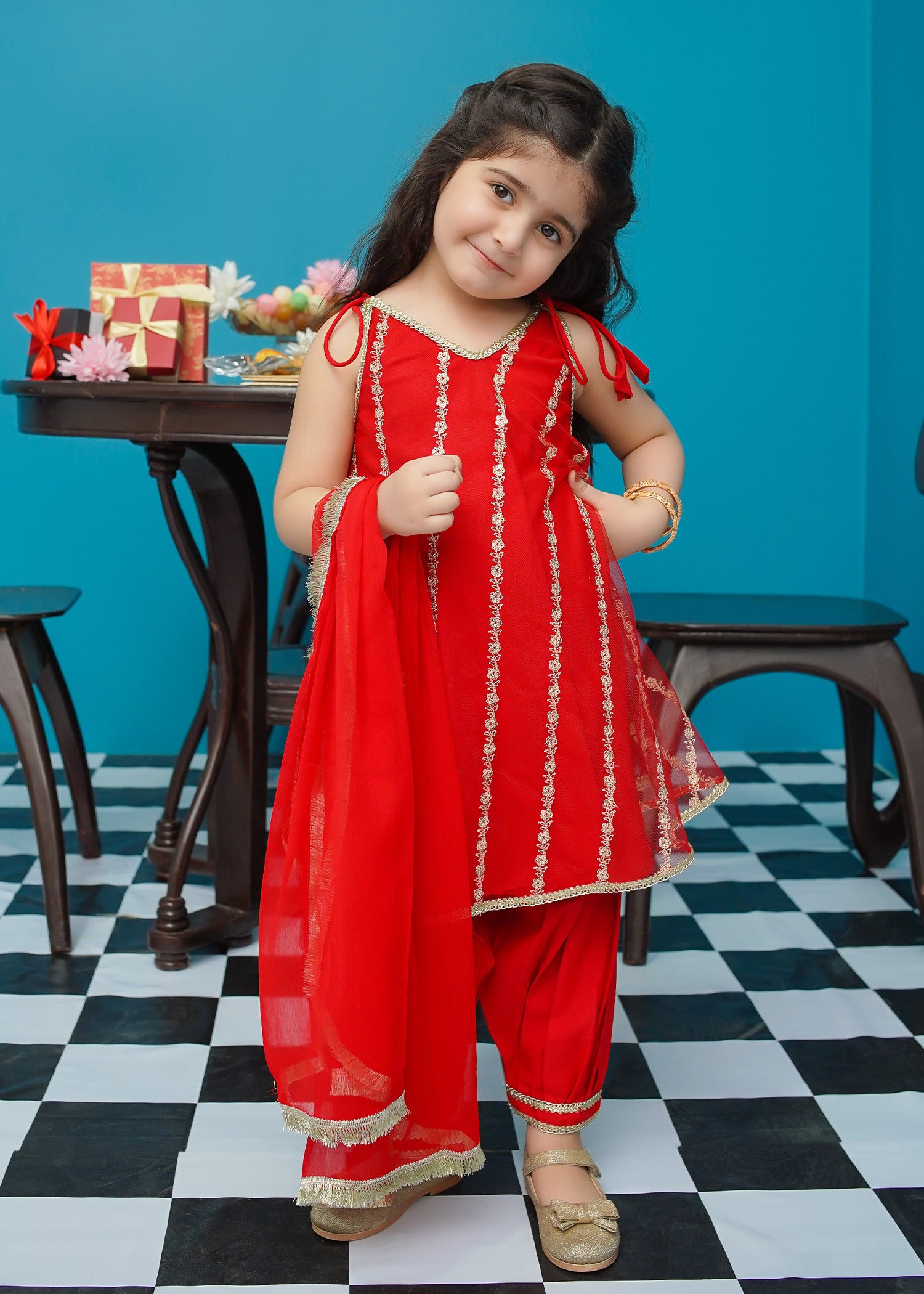 Kids Red Embroidered Net Frock Suit