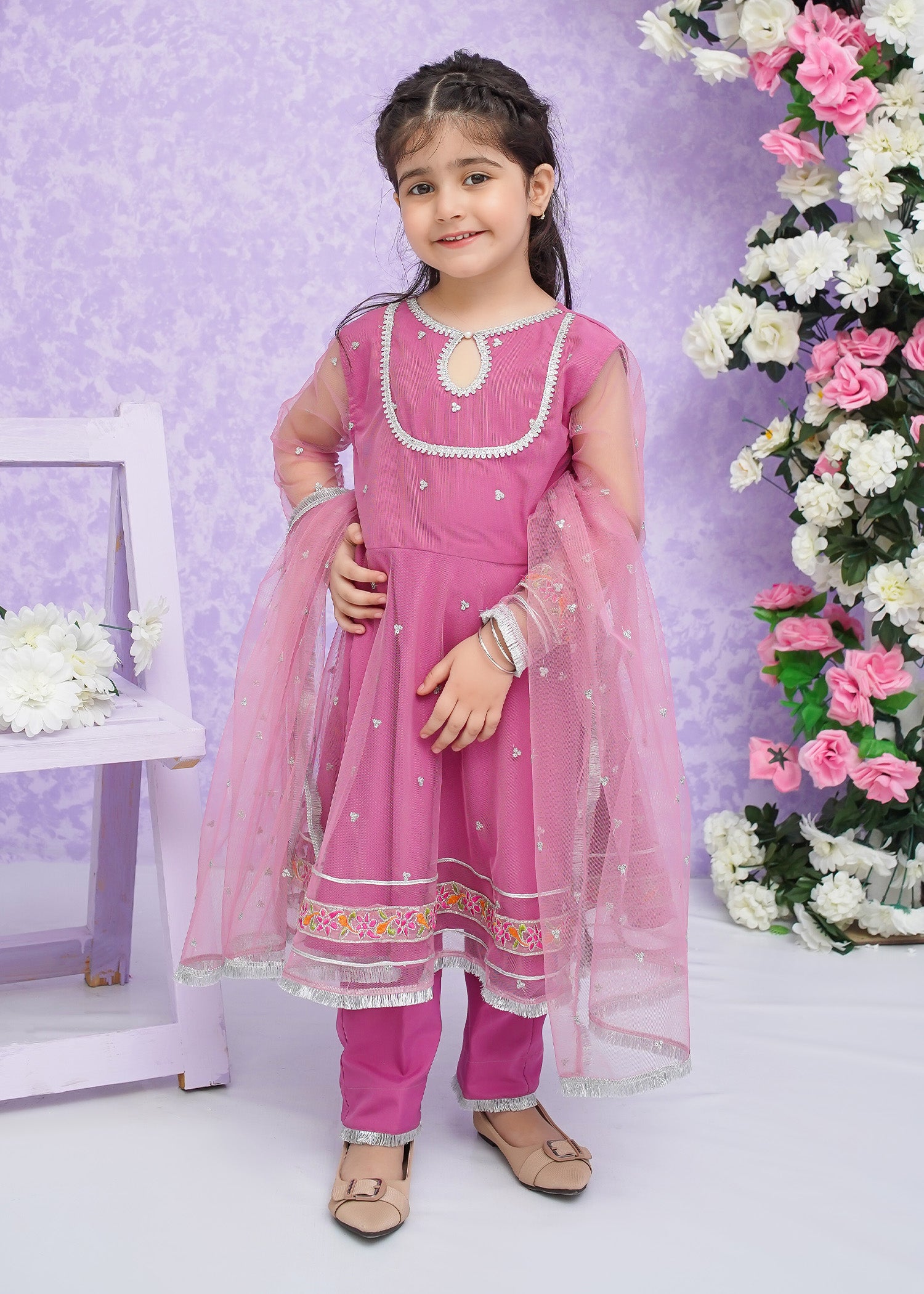 Kids Pink Embroidered Net Frock Suit