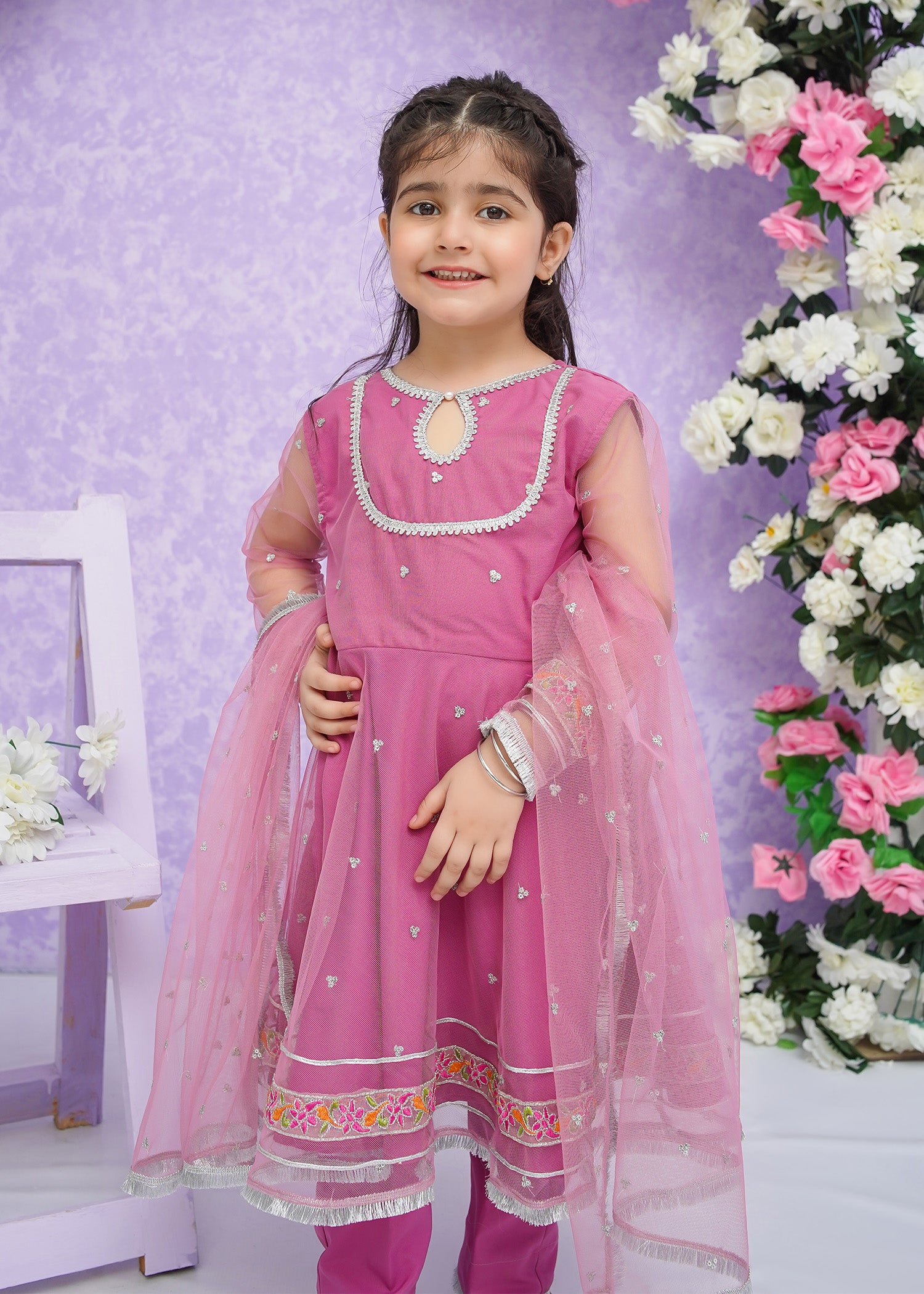 Kids Pink Embroidered Net Frock Suit