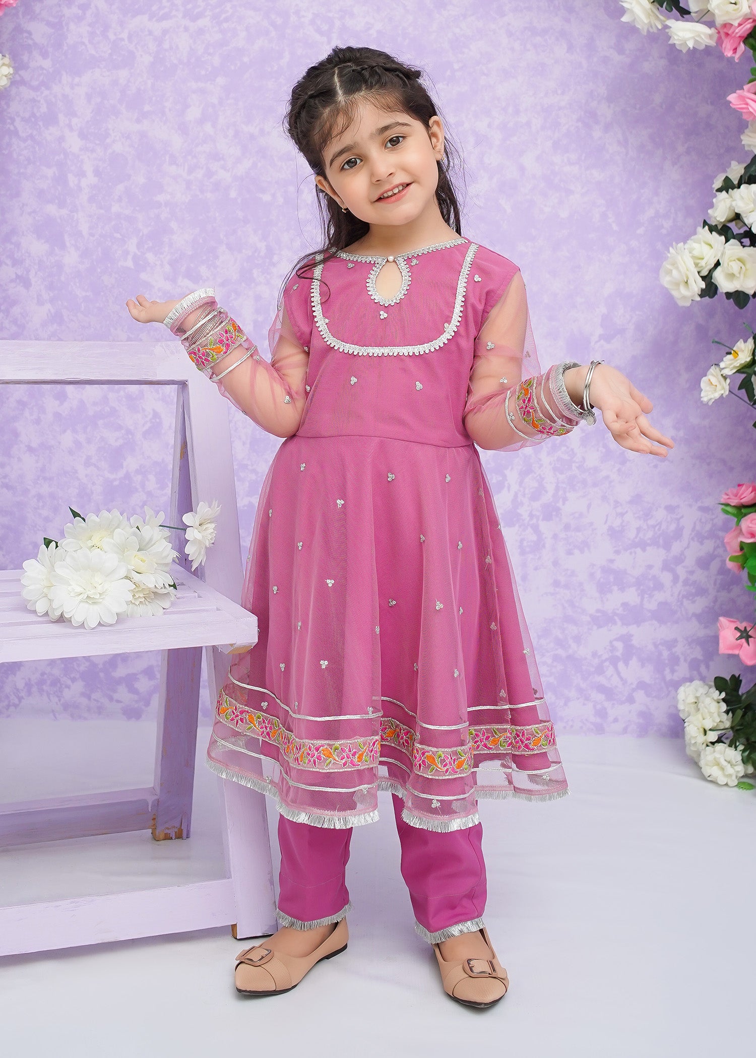 Kids Pink Embroidered Net Frock Suit