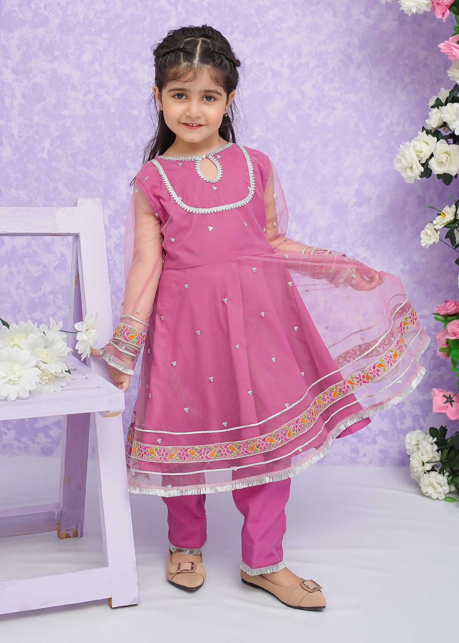 Kids Pink Embroidered Net Frock Suit