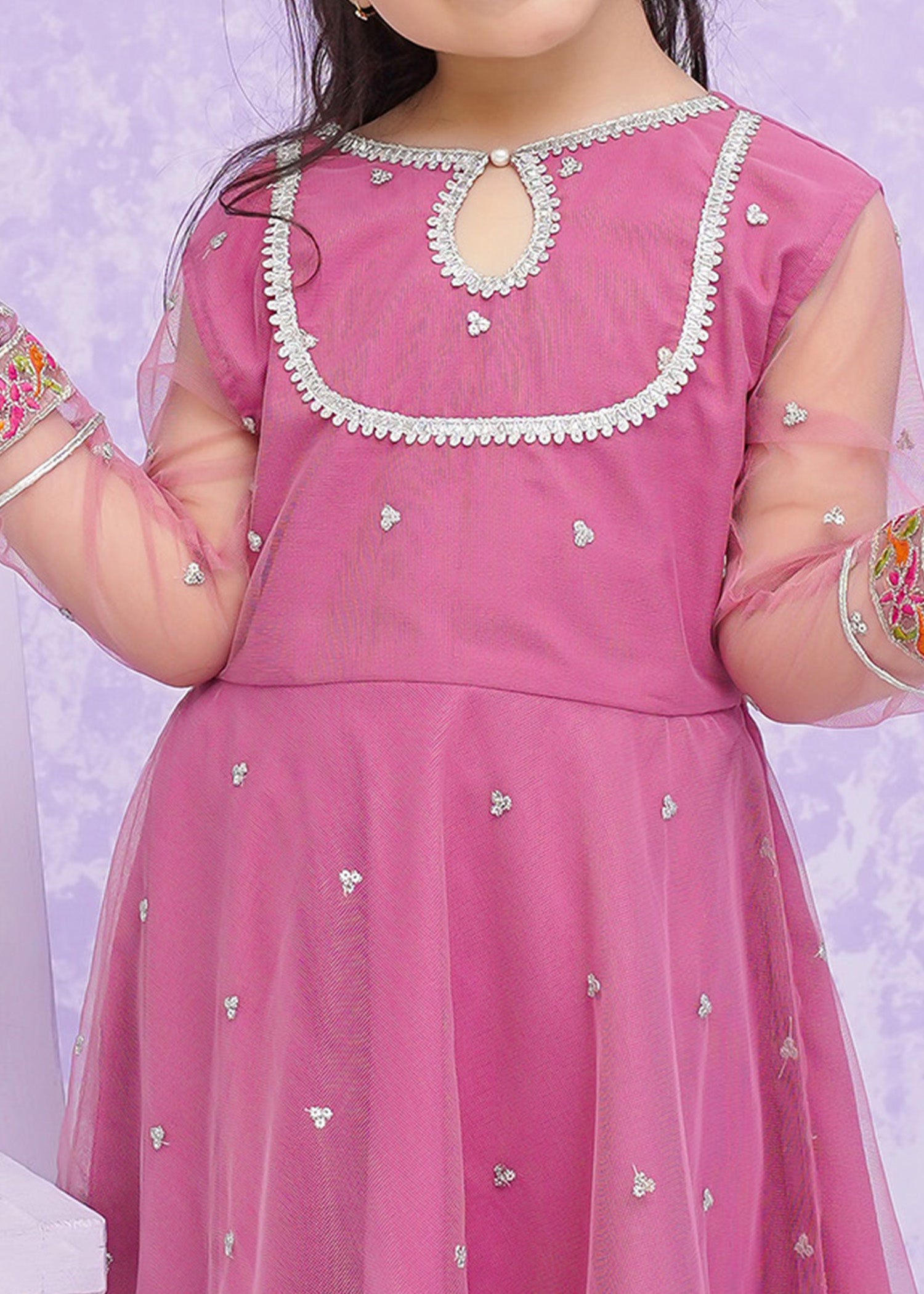 Kids Pink Embroidered Net Frock Suit