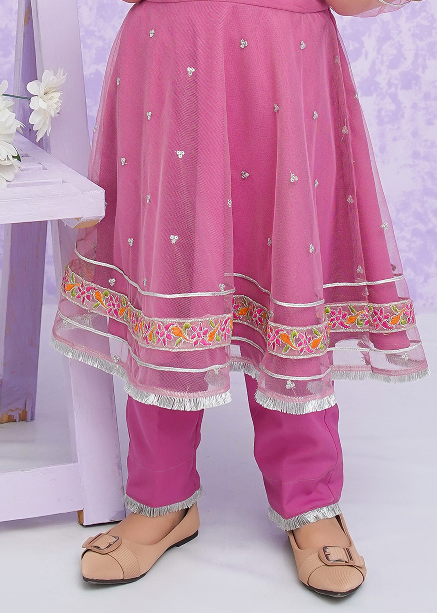 Kids Pink Embroidered Net Frock Suit