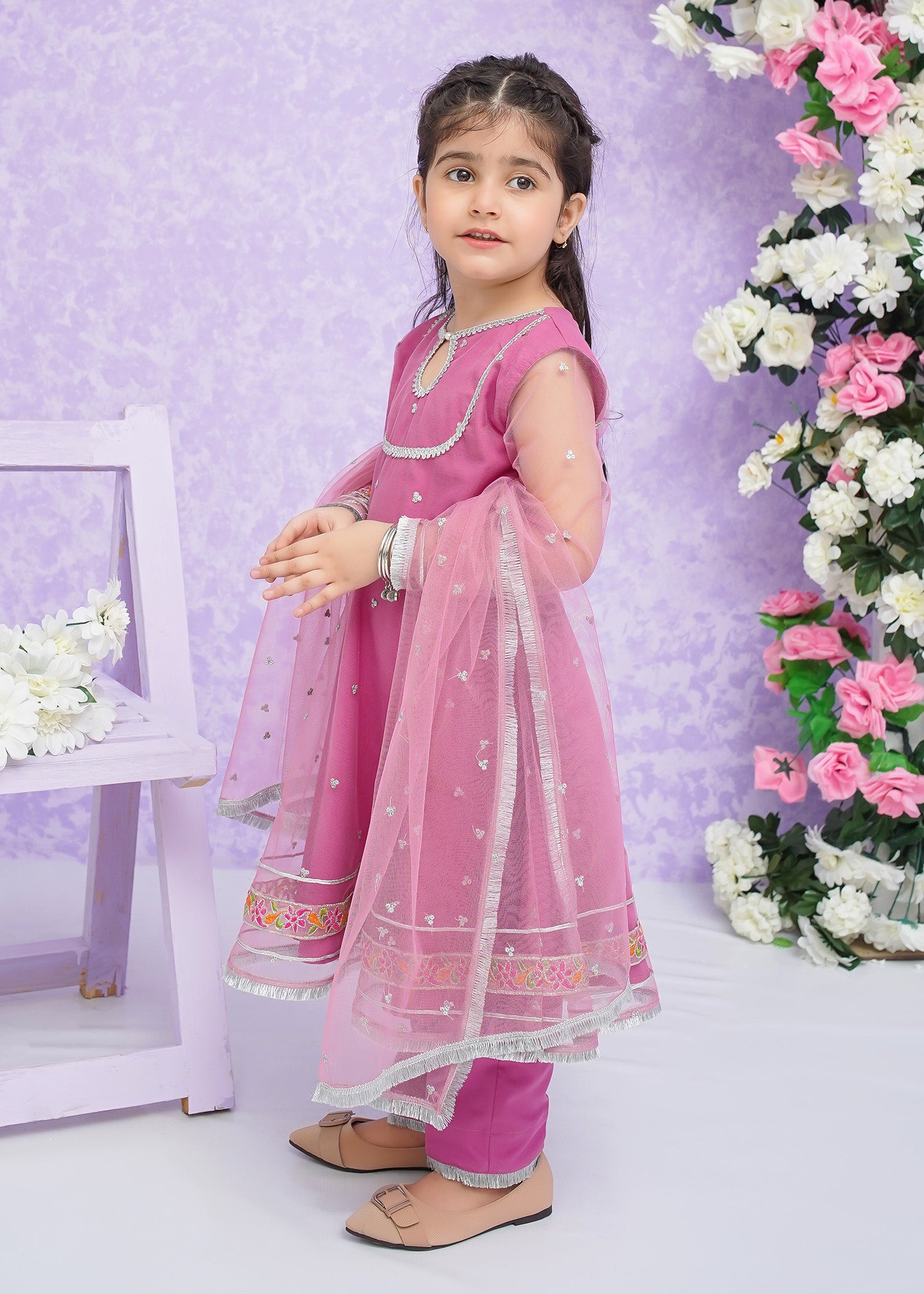 Kids Pink Embroidered Net Frock Suit