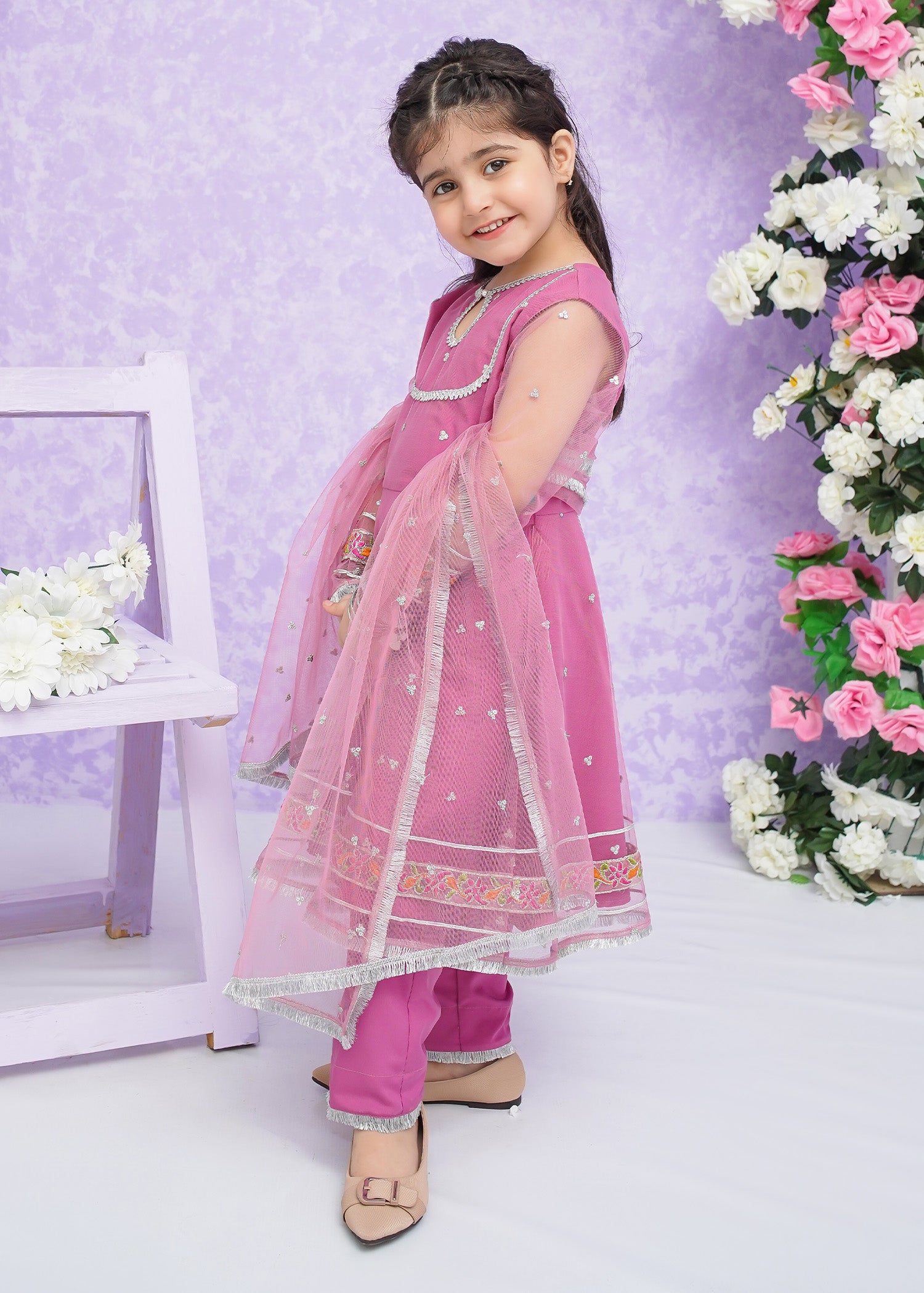 Kids Pink Embroidered Net Frock Suit