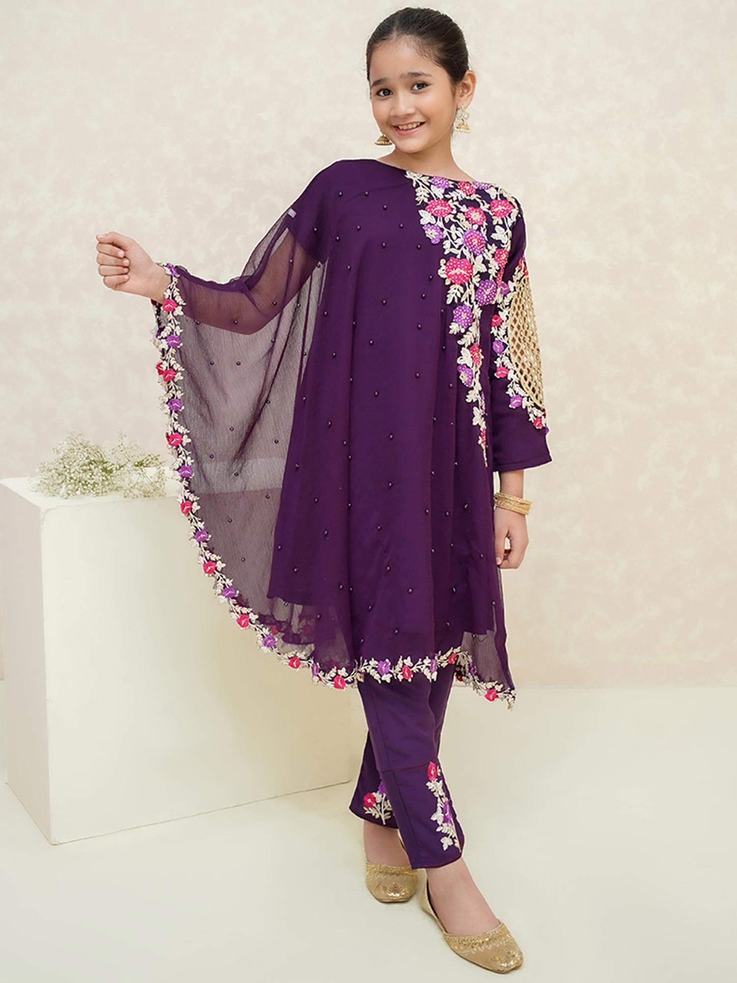 Kids Purple Poncho Style Embroidered Chiffon Suit