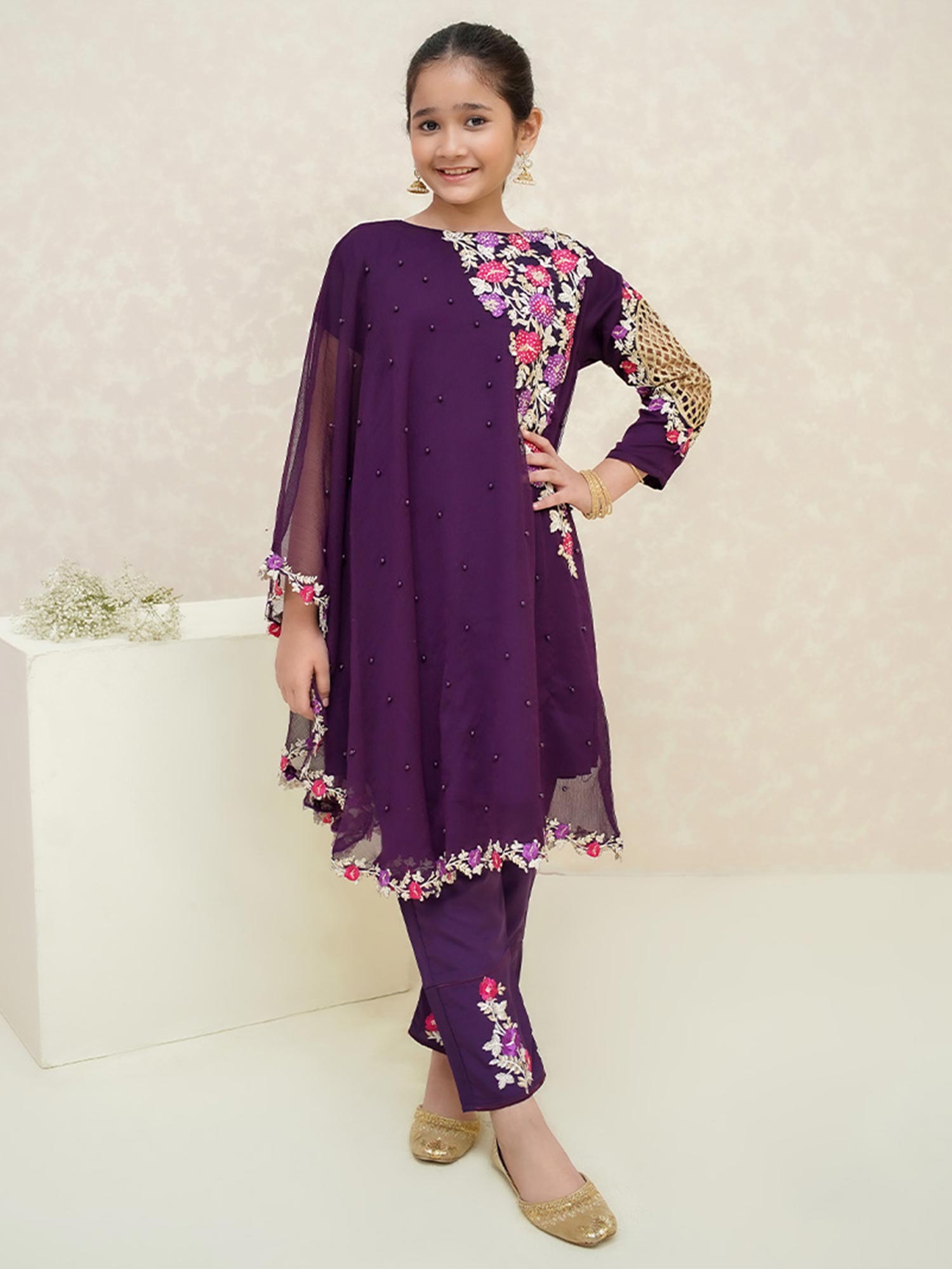 Kids Purple Poncho Style Embroidered Chiffon Suit