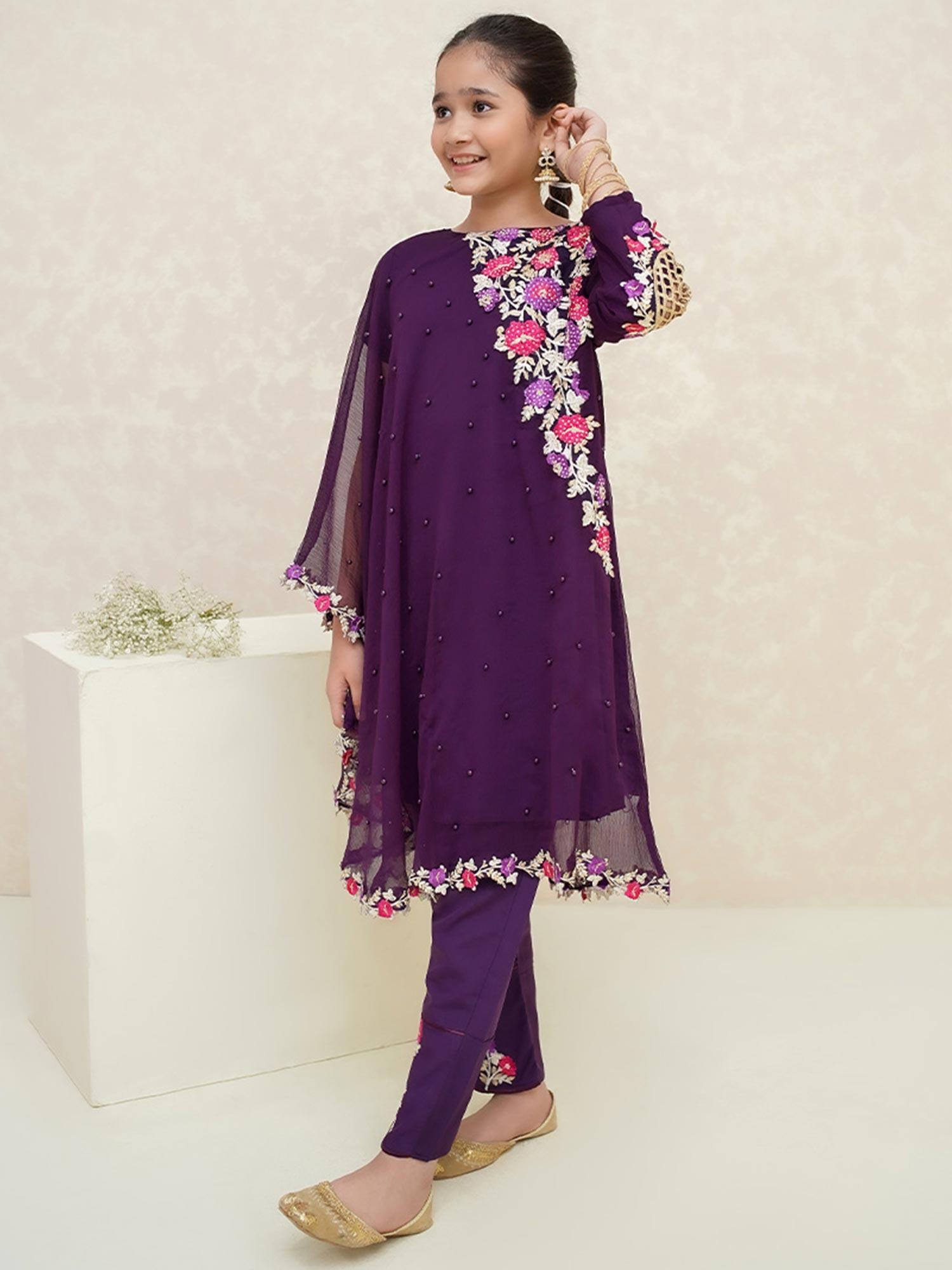 Kids Purple Poncho Style Embroidered Chiffon Suit