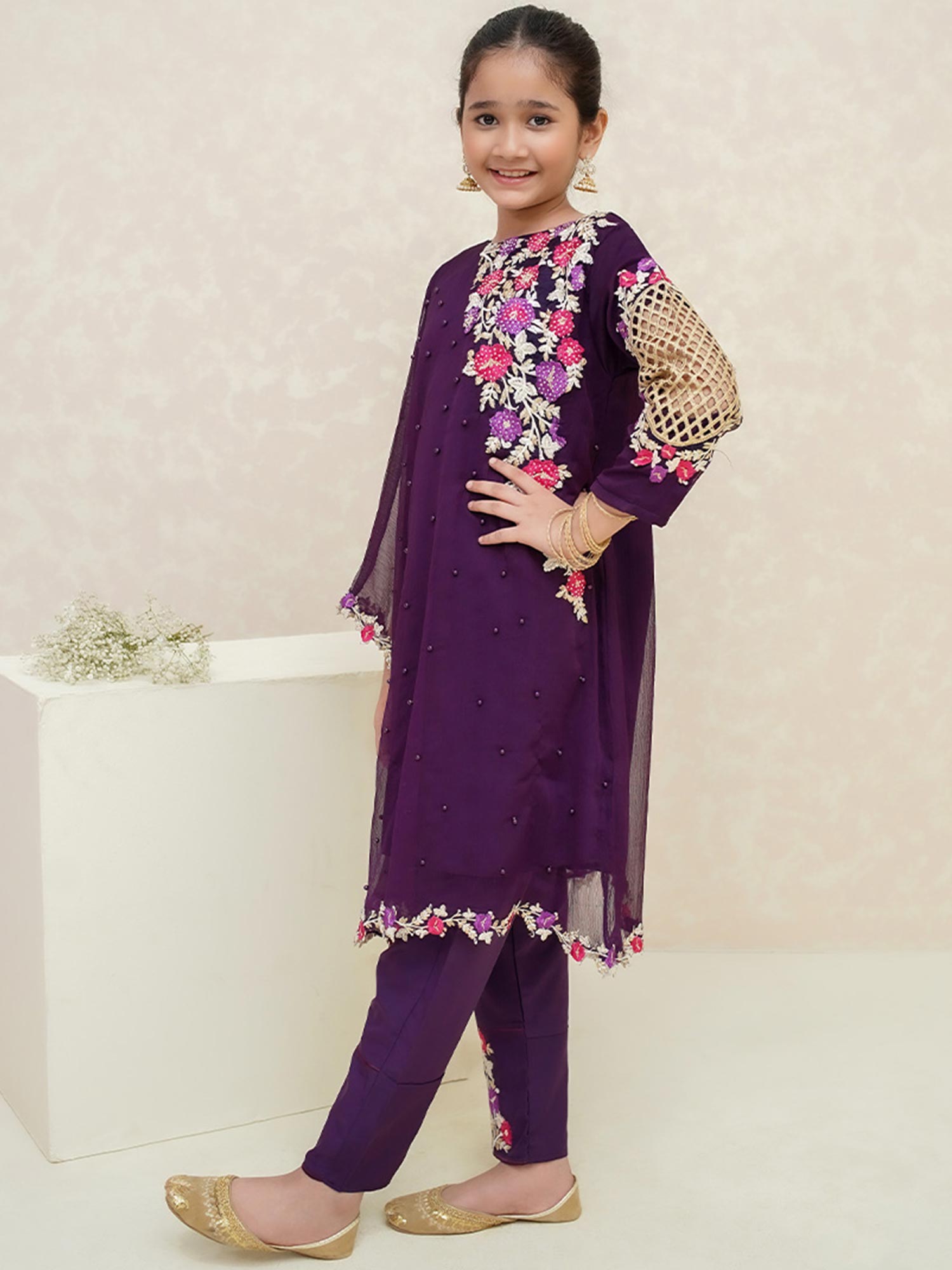 Kids Purple Poncho Style Embroidered Chiffon Suit