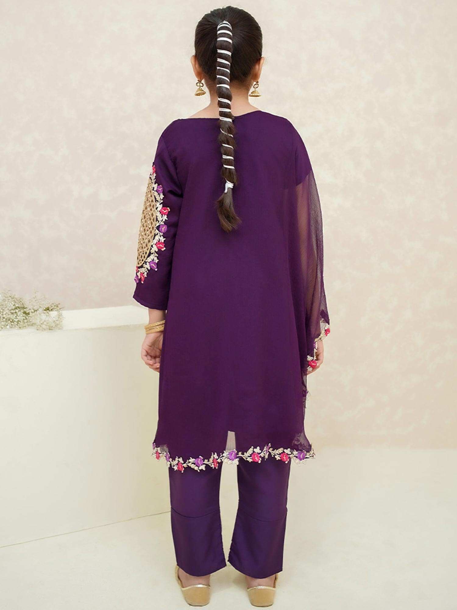 Kids Purple Poncho Style Embroidered Chiffon Suit