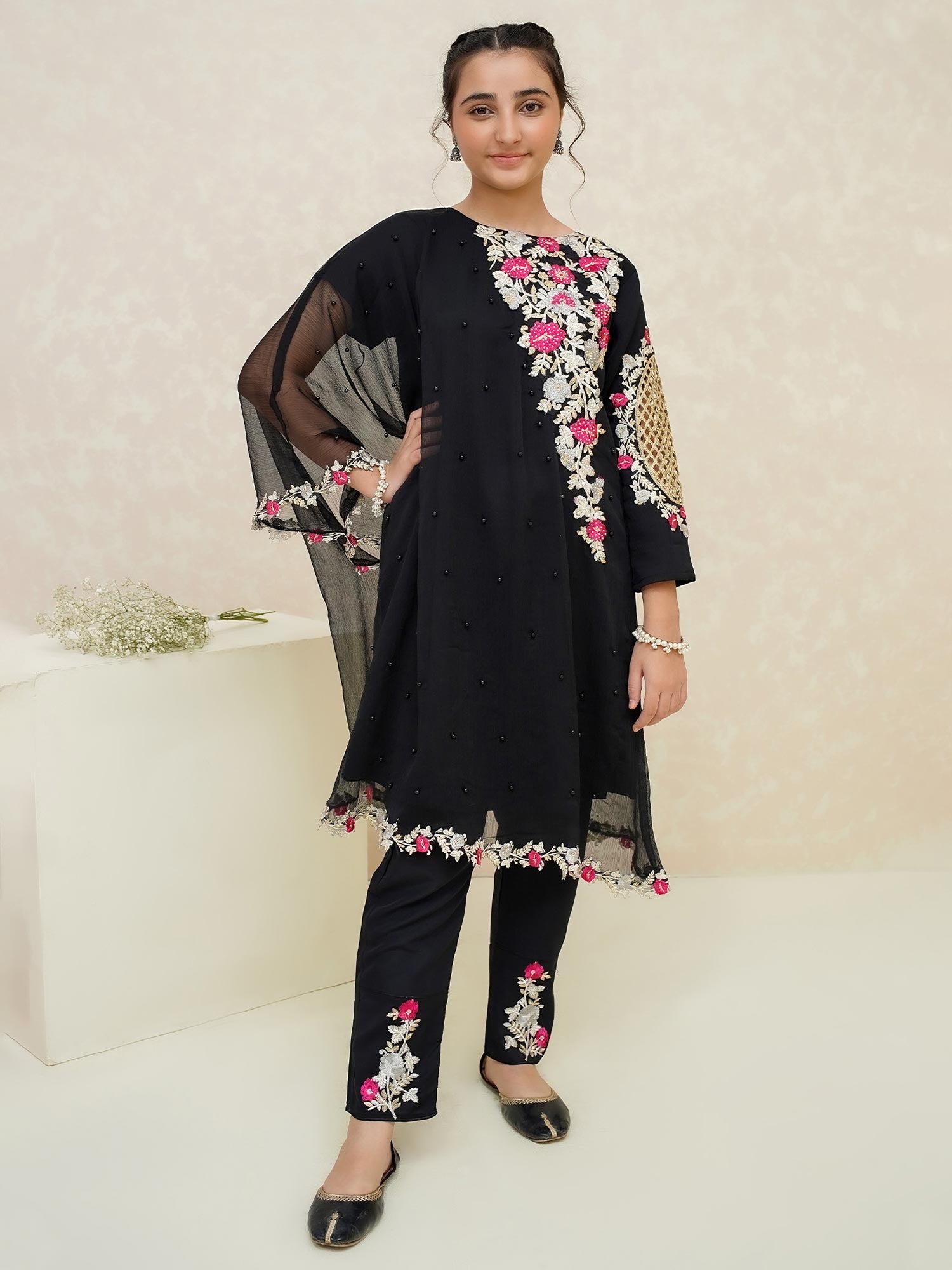 Kids Black Poncho Style Embroidered Chiffon Suit