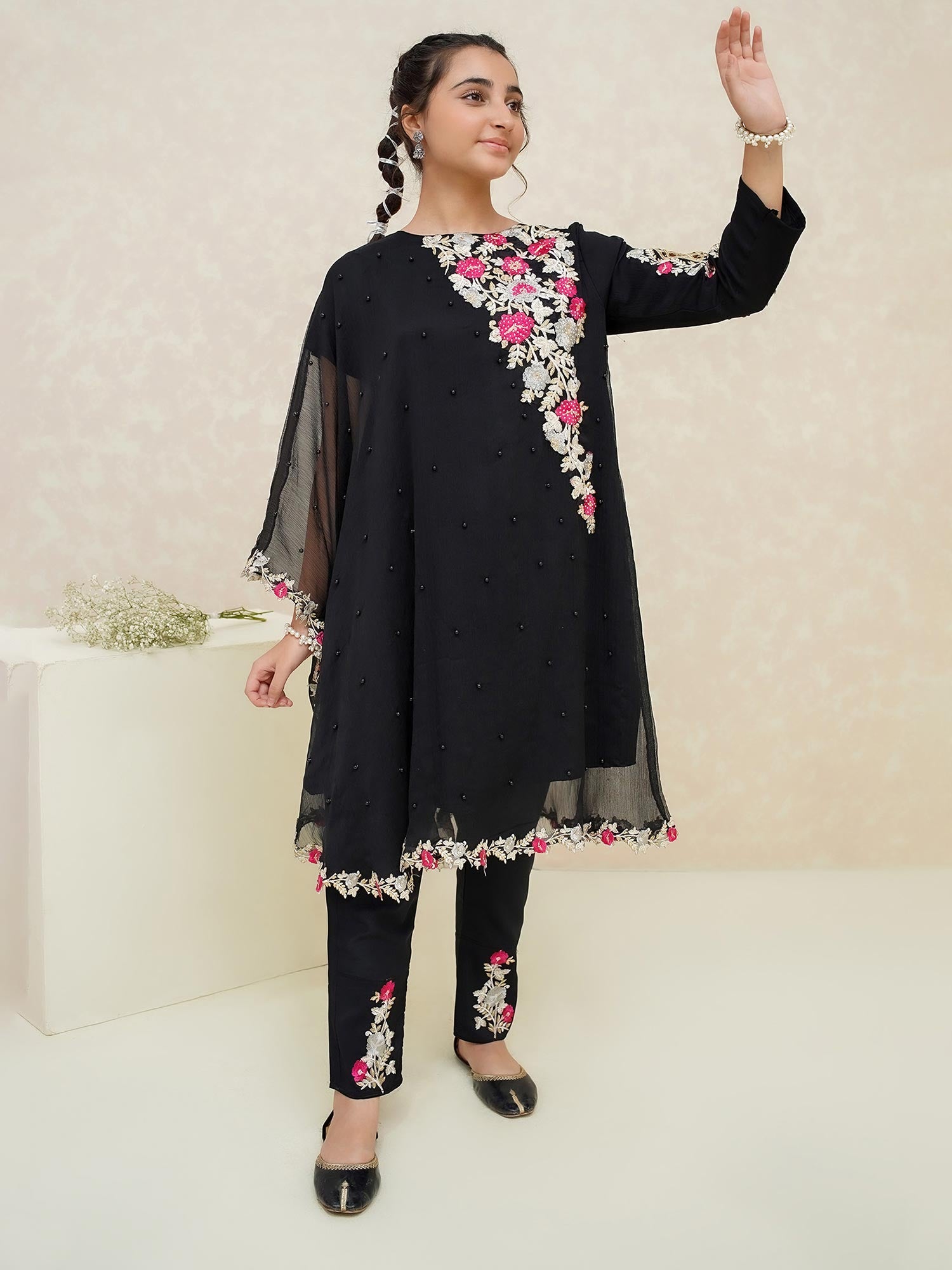 Kids Black Poncho Style Embroidered Chiffon Suit