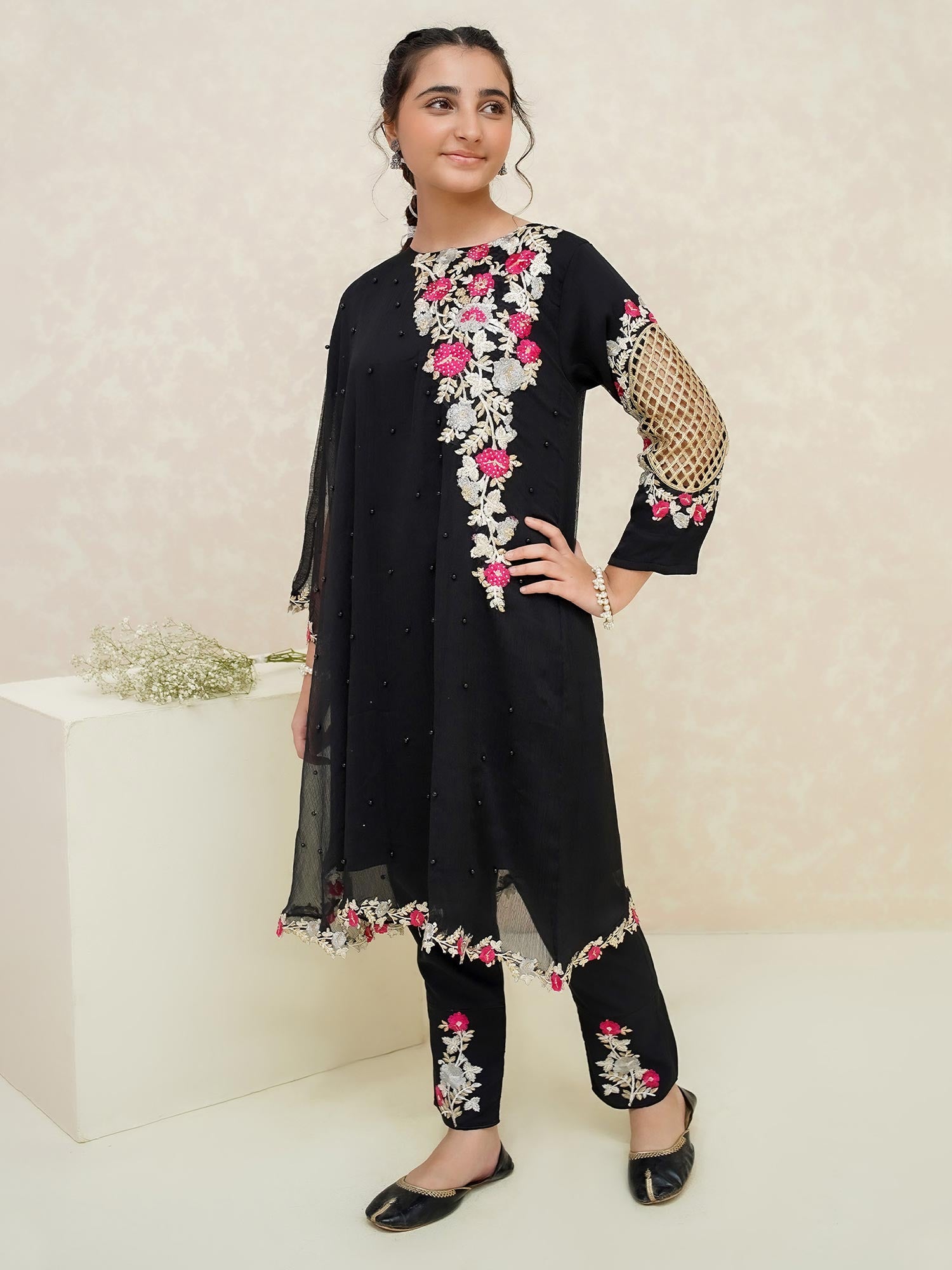 Kids Black Poncho Style Embroidered Chiffon Suit