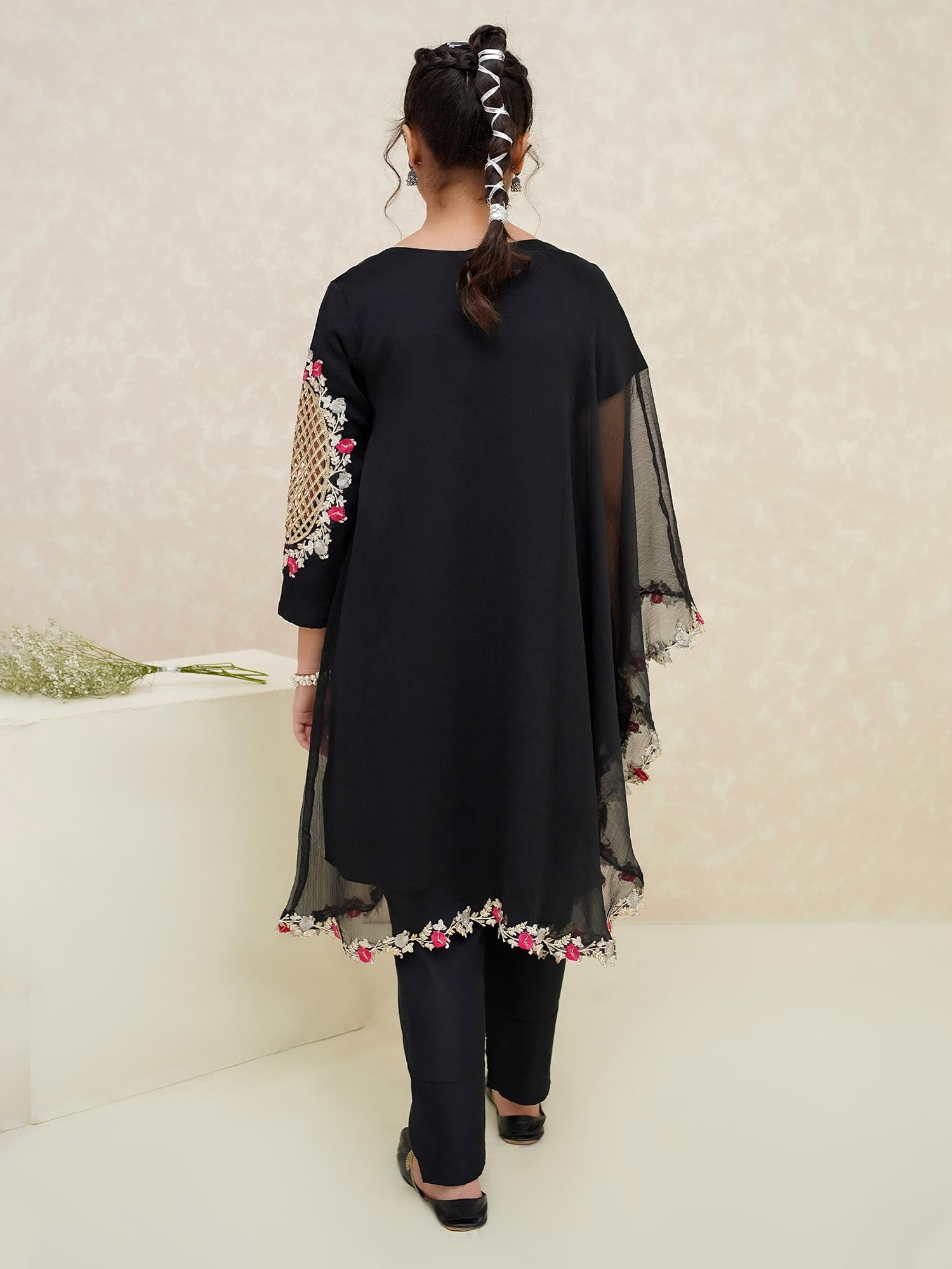 Kids Black Poncho Style Embroidered Chiffon Suit