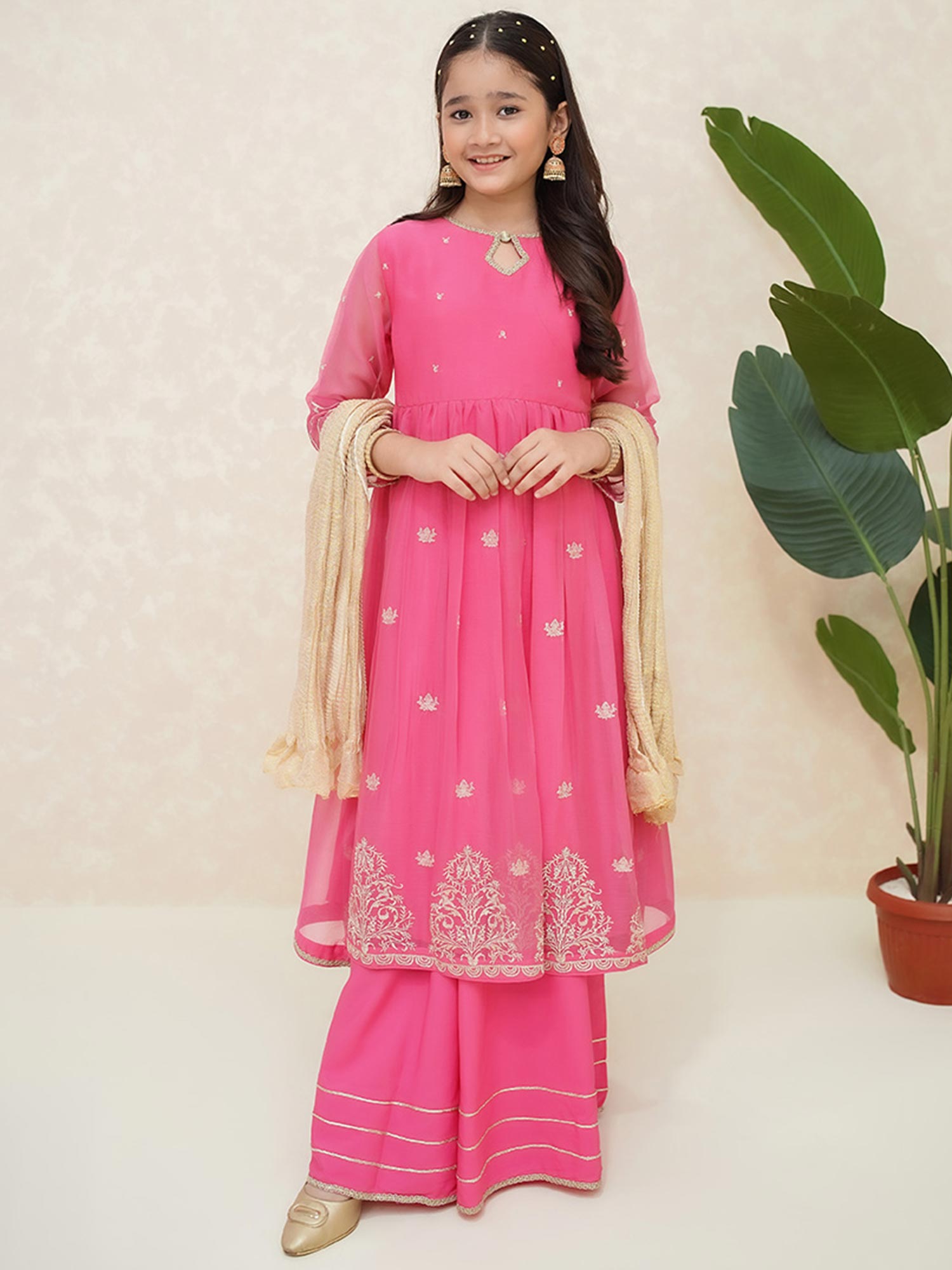 Kids Pink Embroidered Chiffon Suit with Palazzo