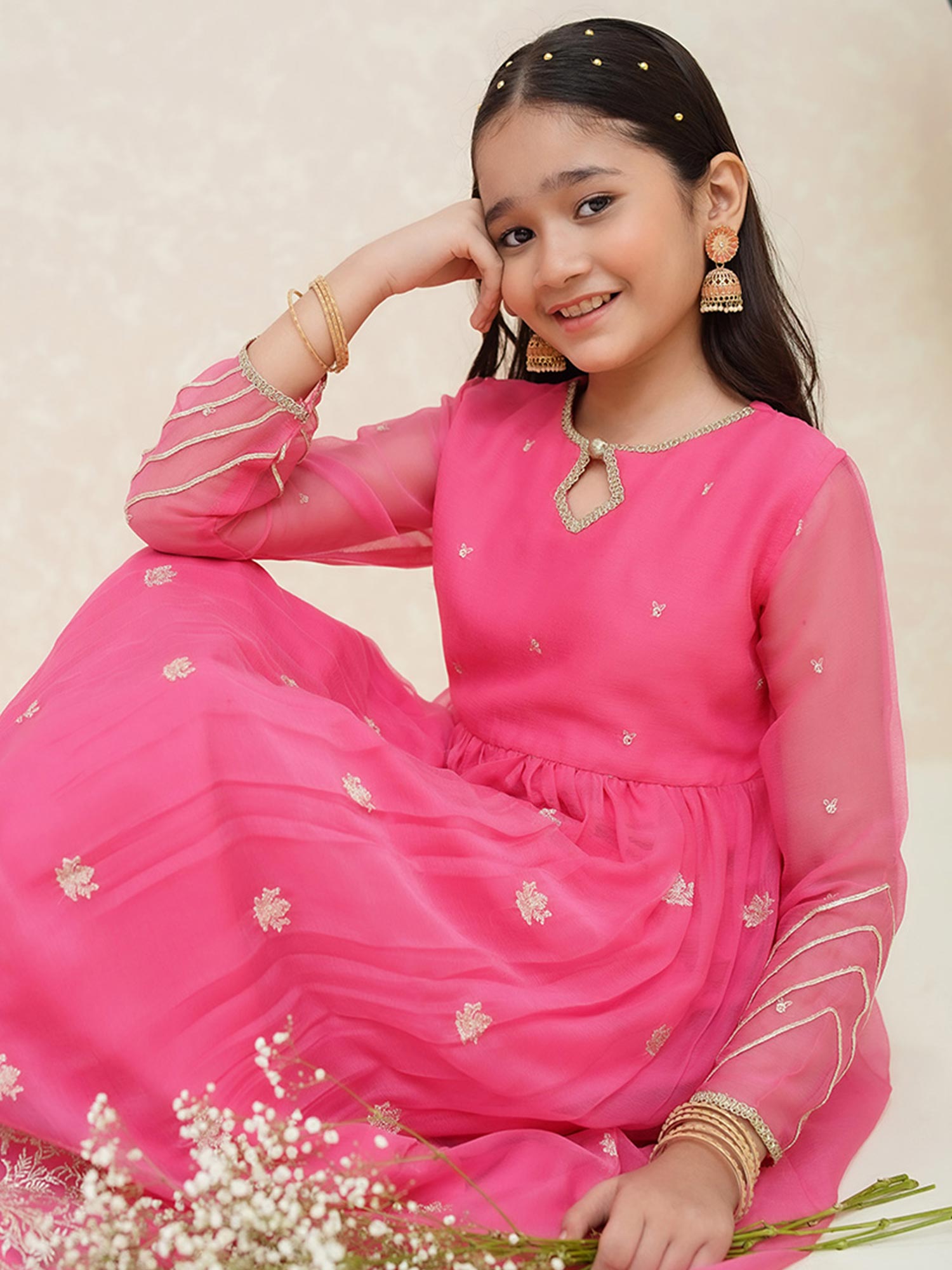 Kids Pink Embroidered Chiffon Suit with Palazzo