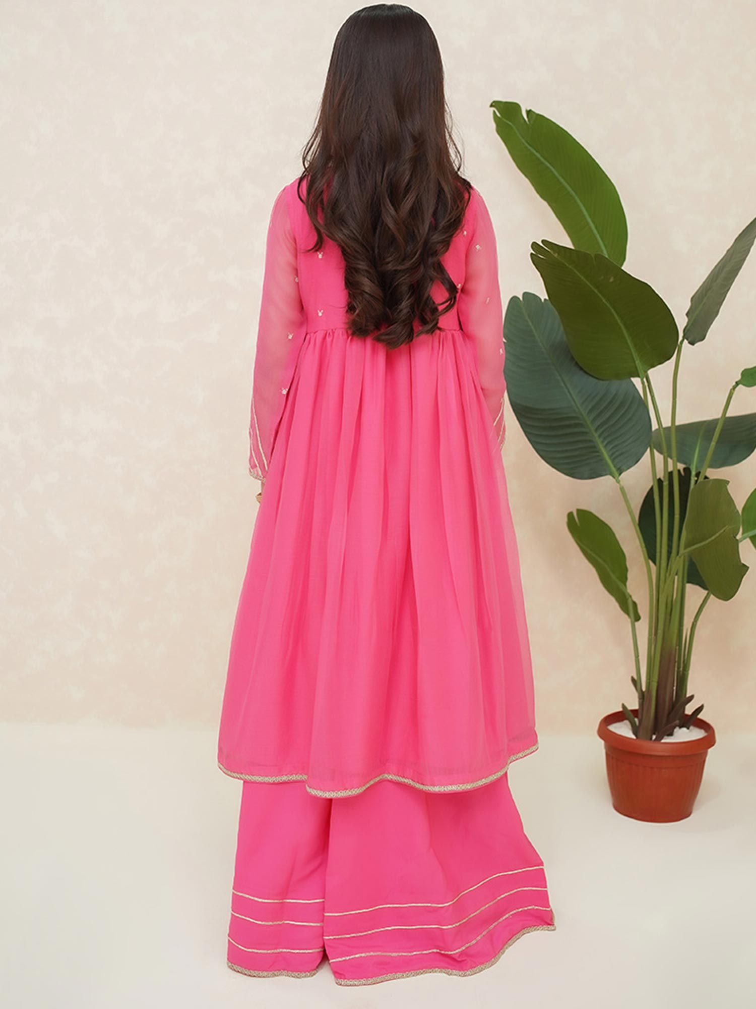 Kids Pink Embroidered Chiffon Suit with Palazzo