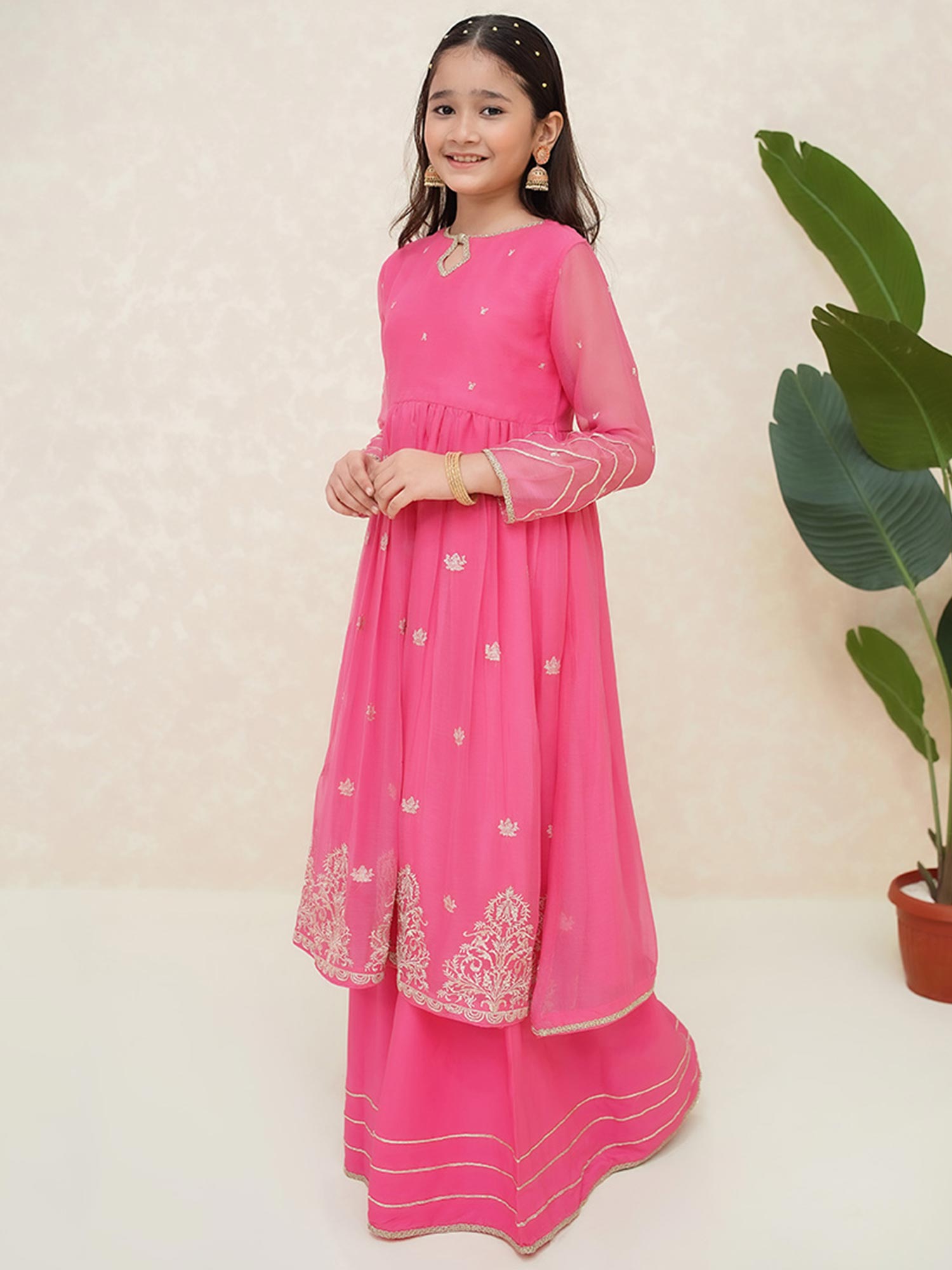 Kids Pink Embroidered Chiffon Suit with Palazzo