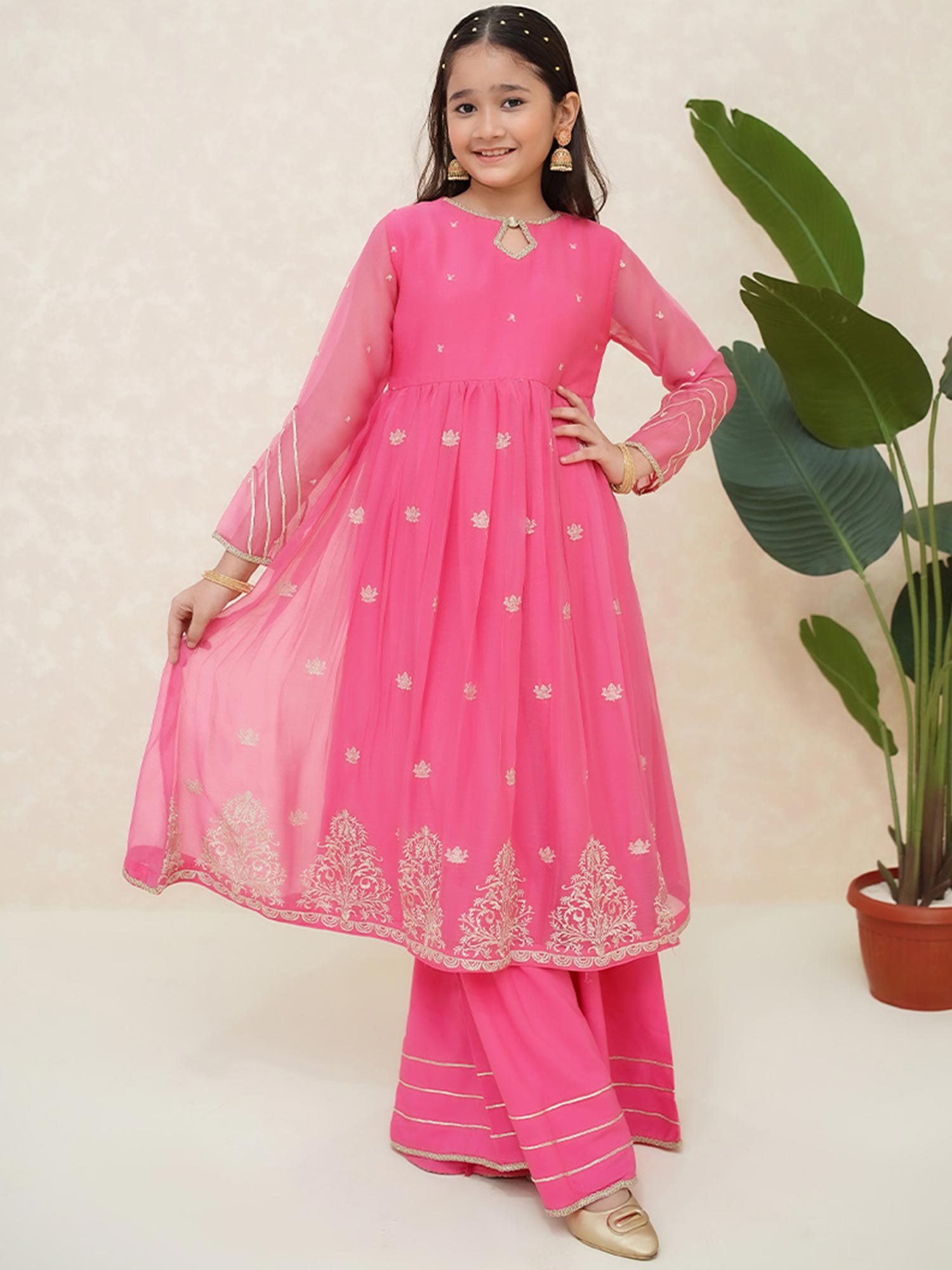 Kids Pink Embroidered Chiffon Suit with Palazzo