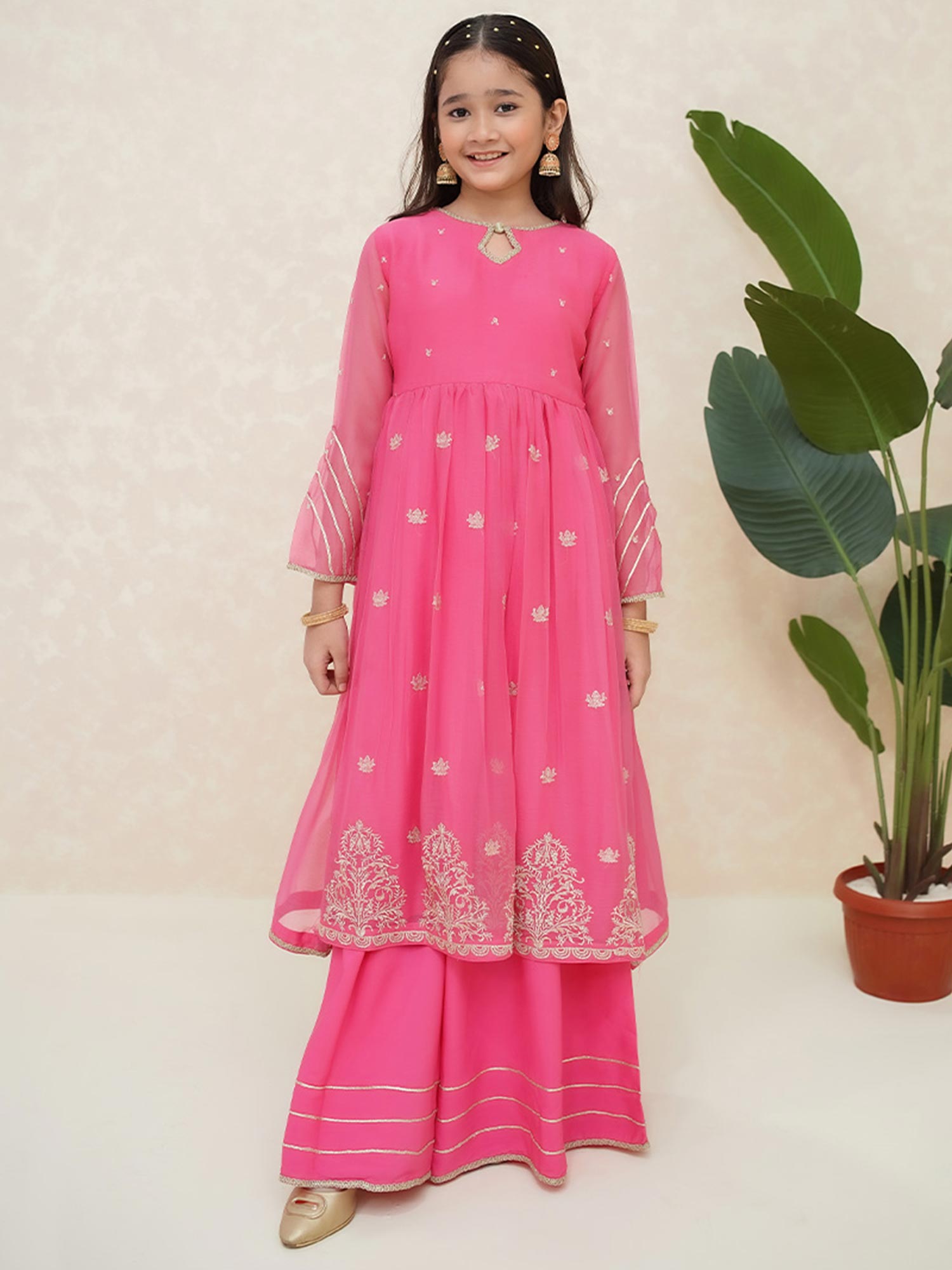 Kids Pink Embroidered Chiffon Suit with Palazzo