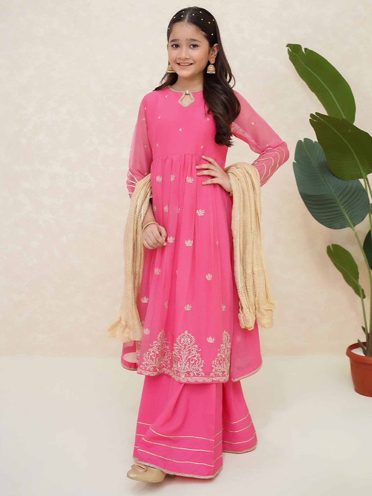 Kids Pink Embroidered Chiffon Suit with Palazzo