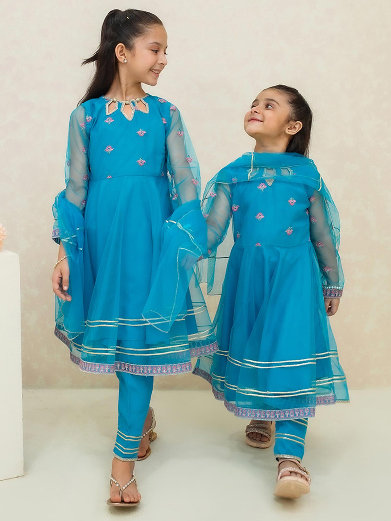 Kids Sky Blue Embroidered Net Suit