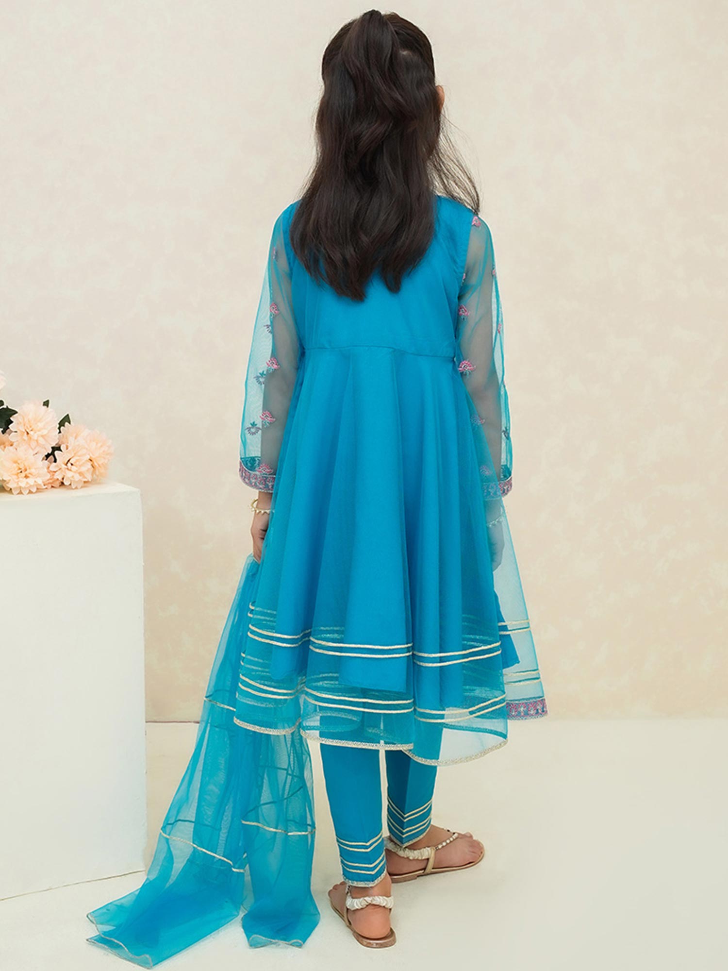 Kids Sky Blue Embroidered Net Suit