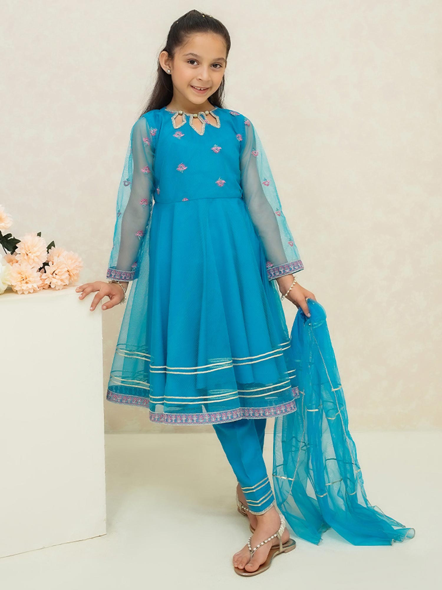 Kids Sky Blue Embroidered Net Suit