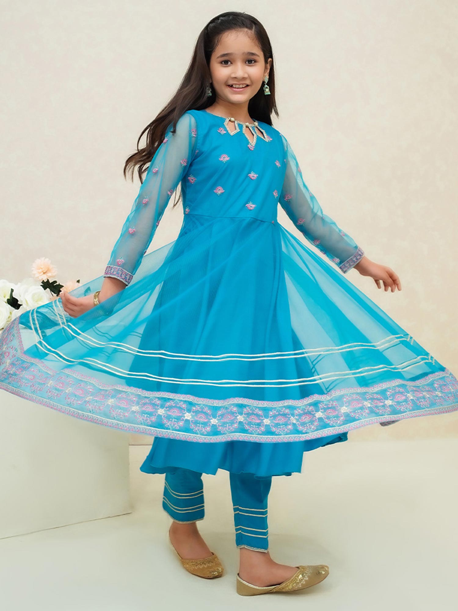 Kids Sky Blue Embroidered Net Suit