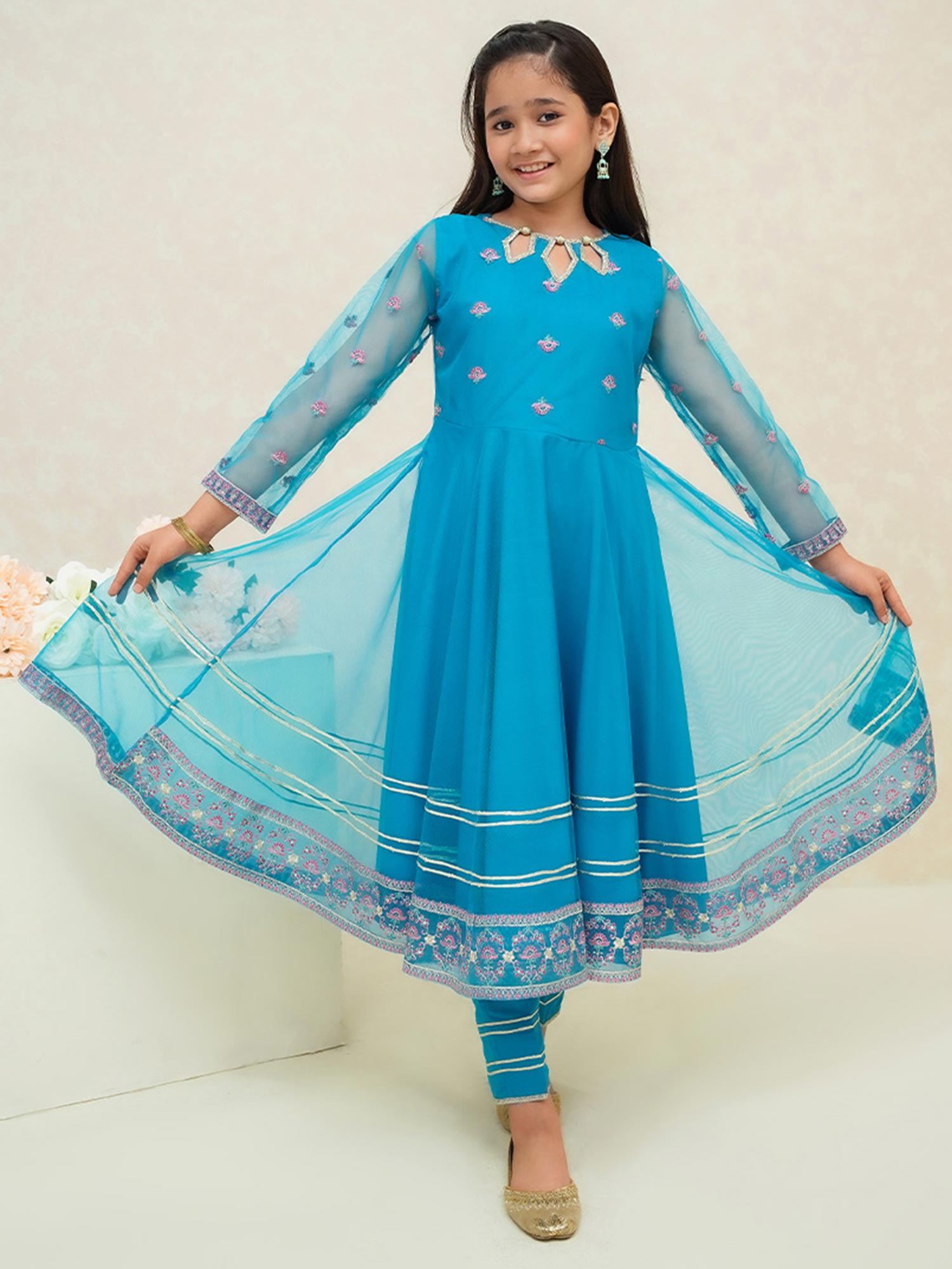 Kids Sky Blue Embroidered Net Suit